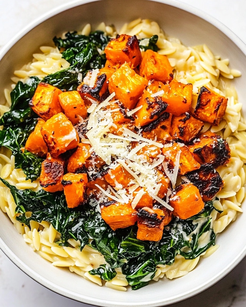 The dish is served in a white pot showing a layered mix of creamy orzo pasta with cooked dark green leafy vegetables mixed throughout. On top, there is a generous pile of bright orange roasted cubed pieces, slightly charred on edges, arranged in the center and spreading slightly outward. There is a light dusting of fine white grated cheese scattered on top around the cubes, contrasting with the orange and green. The creamy sauce coats the orzo and vegetable base creating a smooth pale yellow color underneath. The background surface is a white marbled texture. Photo taken with an iphone --ar 4:5 --v 6.1