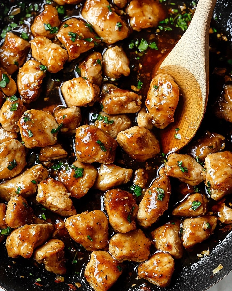 The image shows many small golden-brown chicken pieces cooked in a glossy sauce, spread all over a dark pan. The chicken pieces have a shiny texture and are sprinkled with chopped green herbs. A wooden spoon is seen stirring some of the chicken, also covered in sauce and herbs. The background is a white marbled texture. photo taken with an iphone --ar 4:5 --v 6.1