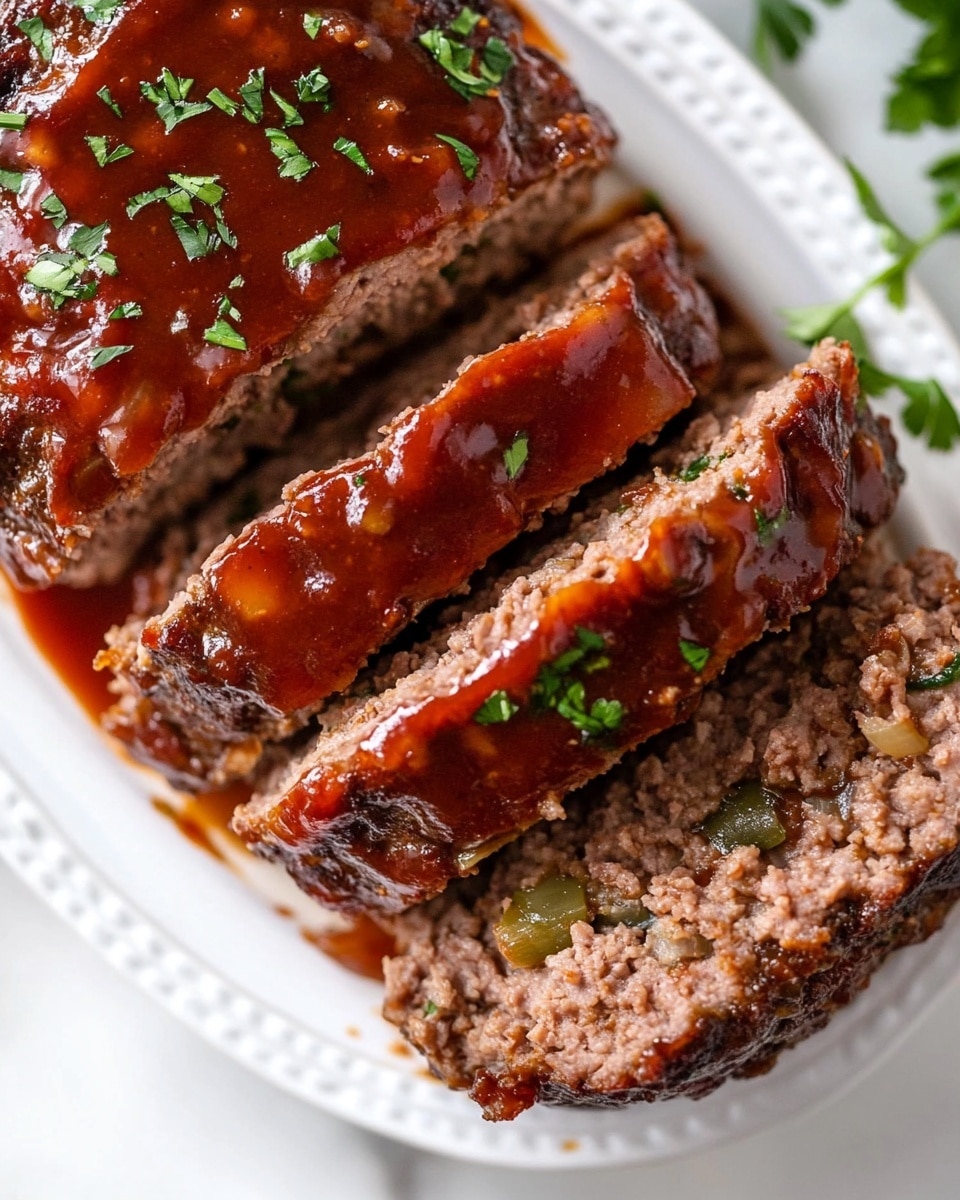 The image shows a sliced meatloaf on a white plate, with four thick layers. Each layer is brown and textured, showing bits of onion and herbs inside. The top of the meatloaf has a shiny red sauce spread evenly, with small green herb bits sprinkled on it. To the left, a silver fork holds a small piece of meatloaf. The plate is placed on a white marbled surface. Photo taken with an iphone --ar 4:5 --v 6.1