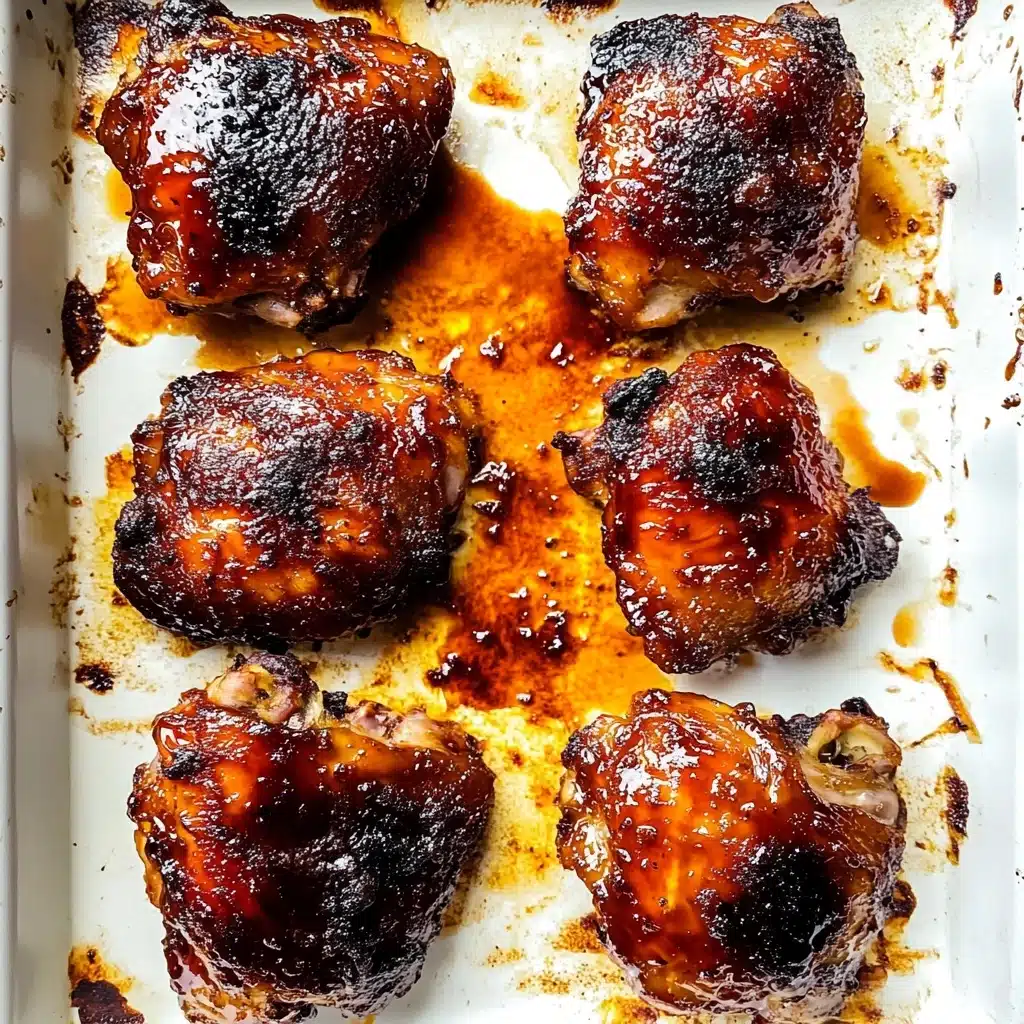 The image shows six pieces of baked chicken thighs with a glossy, dark reddish-brown sauce on top, arranged in two rows of three on a white marbled baking tray. The chicken has some charred edges with crispy blackened bits around the sides and base, contrasting the shiny, sticky glaze. The sauce has pooled around the chicken, creating light brown and dark burnt patches on the tray. The surface beneath the chicken is uneven and textured with oil drips and burnt residue, adding a rustic feel. photo taken with an iphone--v 6.1