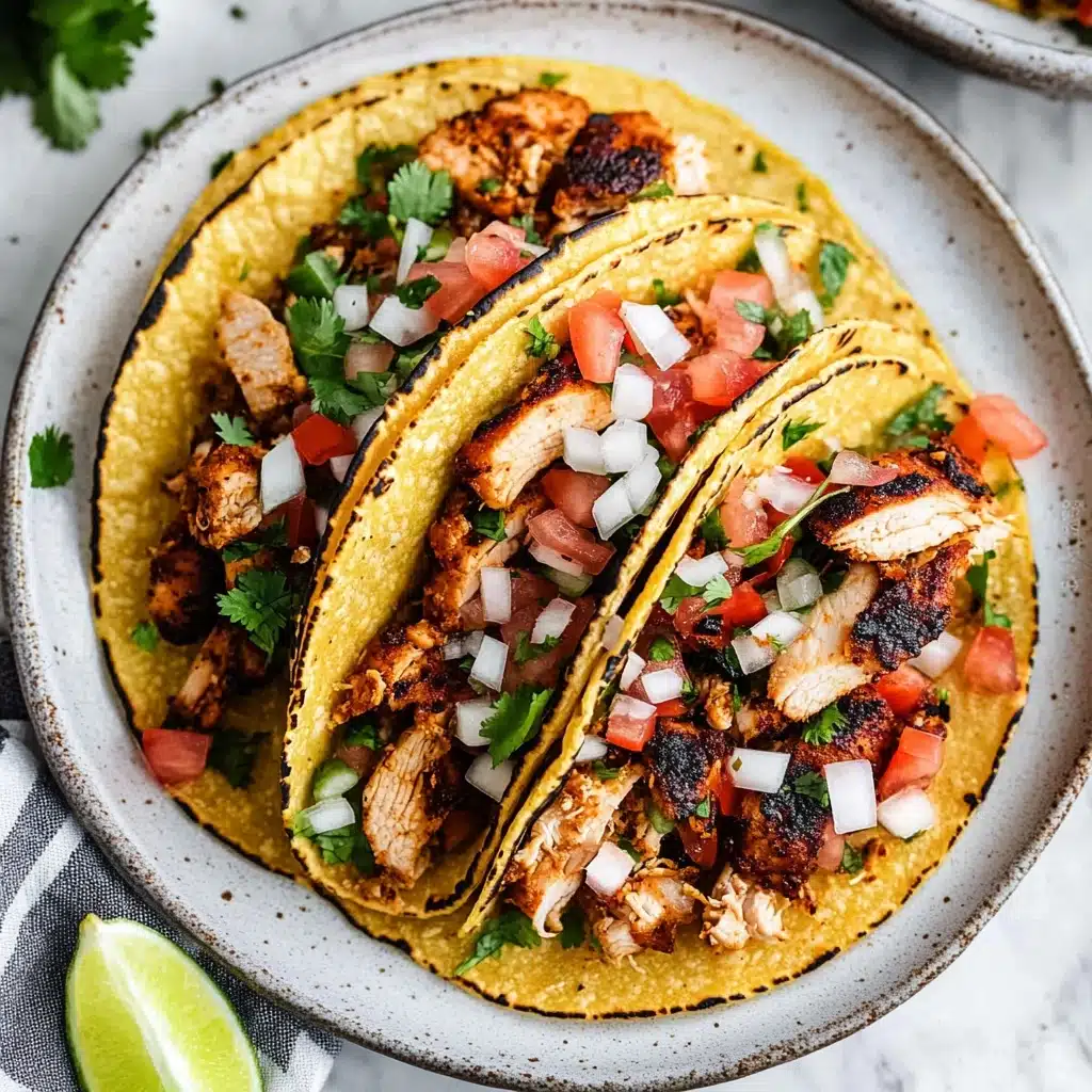 Three yellow corn tortillas folded and placed side by side on a round white plate. Each tortilla is filled with several pieces of cooked chicken with a dark brown char on the edges, topped with a mix of finely chopped white onions, red tomatoes, green peppers, and fresh cilantro. The chicken looks juicy with a slightly rough texture, and the vegetables add fresh color and a bit of crunch. A small wedge of lime is visible on the side of the plate. The plate sits on a white marbled surface with a striped cloth partially visible beneath it. Photo taken with an iphone--v 6.1