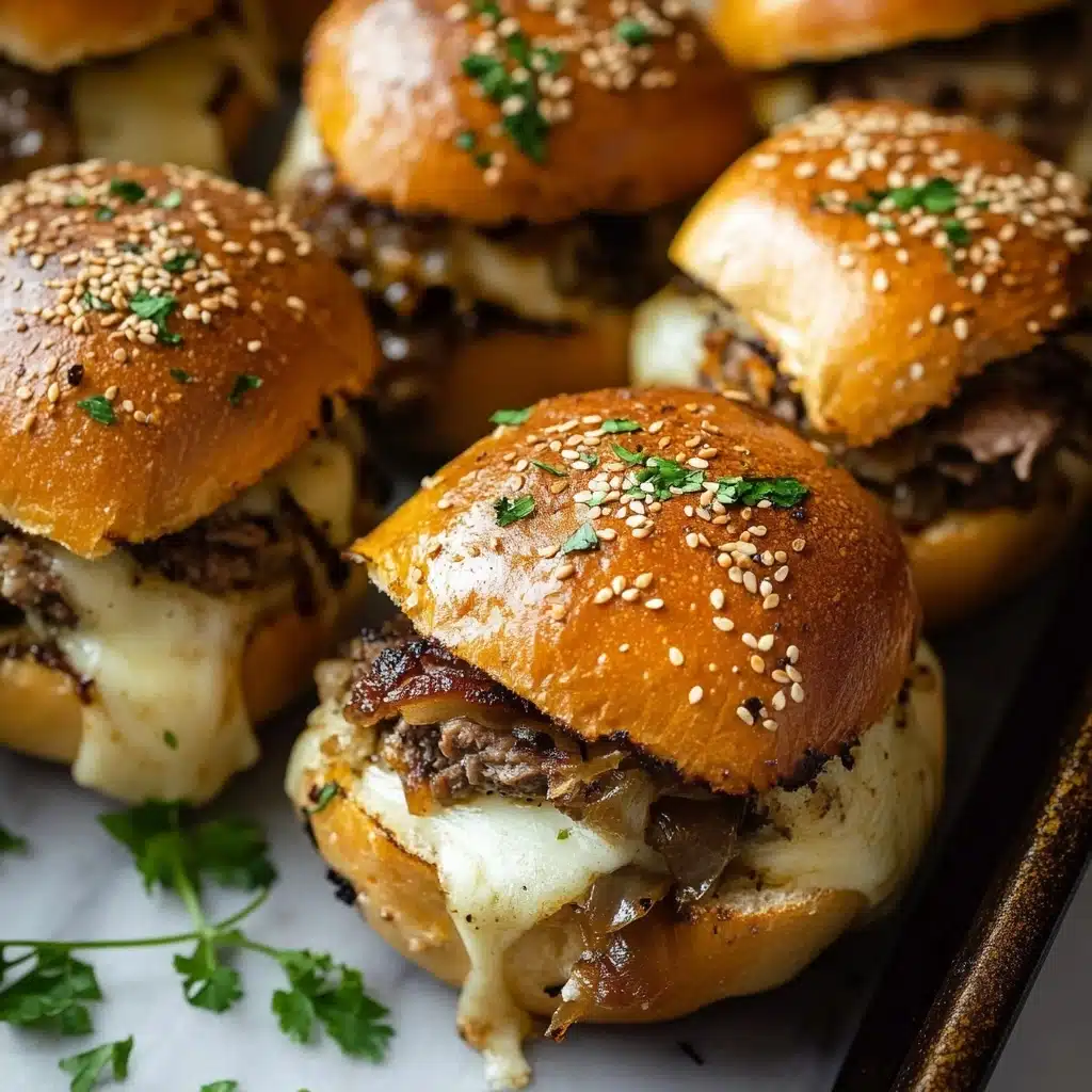 A stack of mini sandwiches is placed on a wooden board, each sandwich made with a soft, toasted golden-brown bun that looks slightly shiny and warm. The bottom layer of each sandwich shows a dark brown cooked meat patty topped with light melted cheese that oozes slightly, with some cooked onions adding a soft texture and a light brown color. A small sprig of fresh green herb rests on top of one of the sandwiches, adding a touch of color. In the background, a clear glass filled with a golden drink is visible, all set against a white marbled surface. photo taken with an iphone--v 6.1