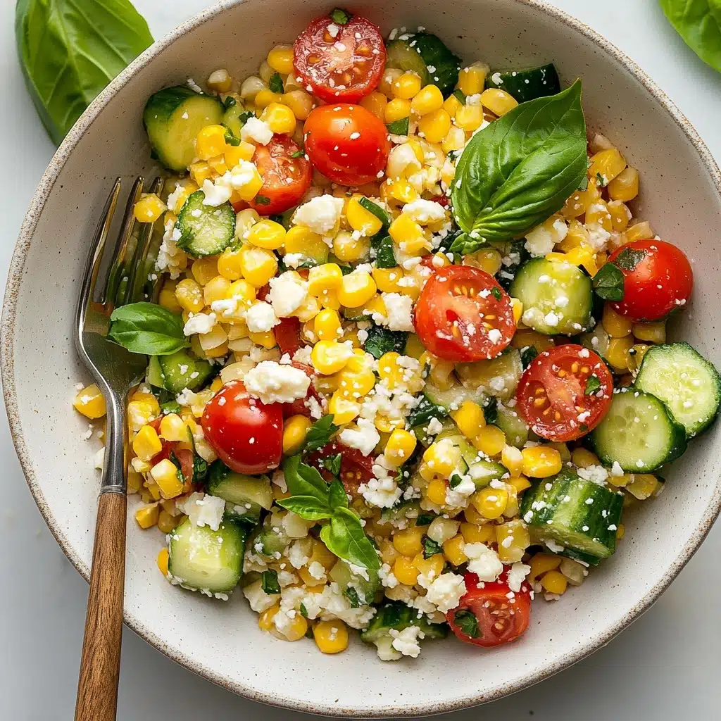 A large white bowl with a scalloped edge is filled with a colorful corn salad made of bright yellow corn kernels, halved red cherry tomatoes, and small diced green cucumbers. Scattered throughout the salad are small pieces of finely chopped white onion and green basil leaves. Two wooden spoons with light bamboo handles rest inside the bowl on the right side. The bowl is placed on a white marbled surface. Photo taken with an iphone--v 6.1