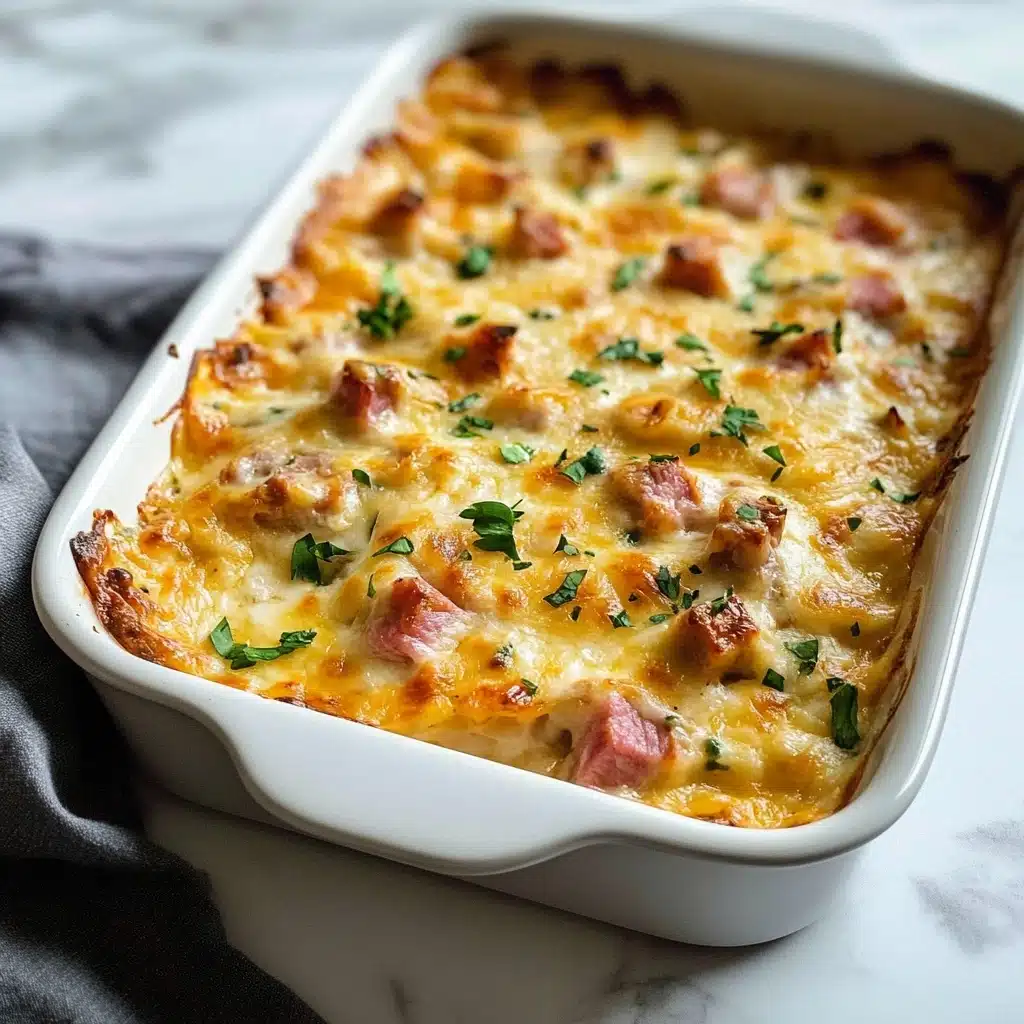 A white rectangular baking dish filled with a baked casserole that has a golden-brown top layer with melted cheese, small pink cubes of meat, and scattered green herbs evenly spread across the surface; the edges show slight browning from baking and the texture is creamy with some bubbling visible. The dish rests on a white marbled texture with a folded cloth napkin beside it. Photo taken with an iphone--v 6.1