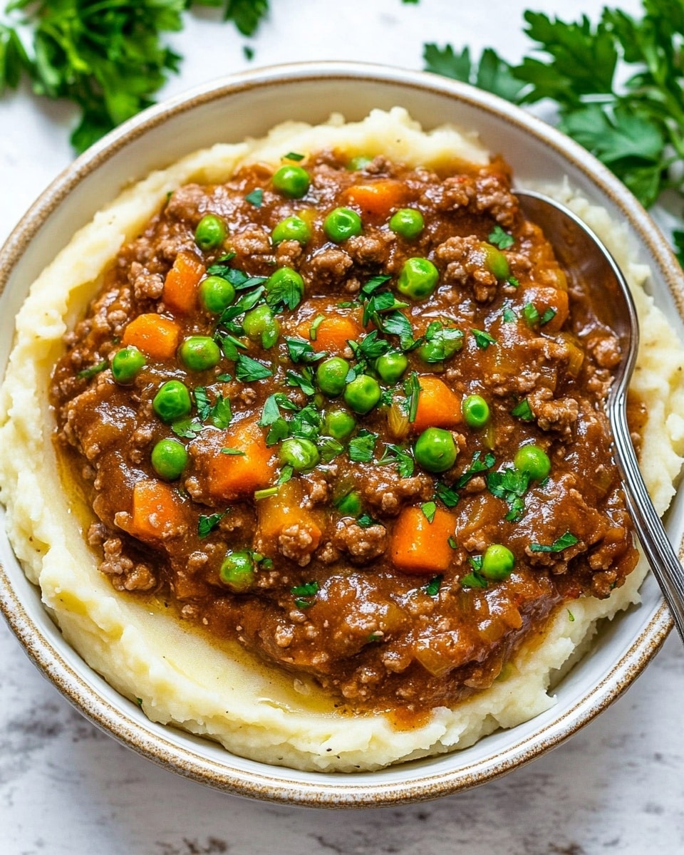 The dish has two main layers in a white bowl: the bottom layer is a thick, creamy mashed potato with a pale yellow color and a smooth, slightly swirled texture; on top, there is a rich, dark brown meat and vegetable stew, filled with small chunks of orange carrots and bright green peas, with the stew sauce glossy and thick, covering all pieces evenly. Photo taken with an iphone --ar 4:5 --v 6.1