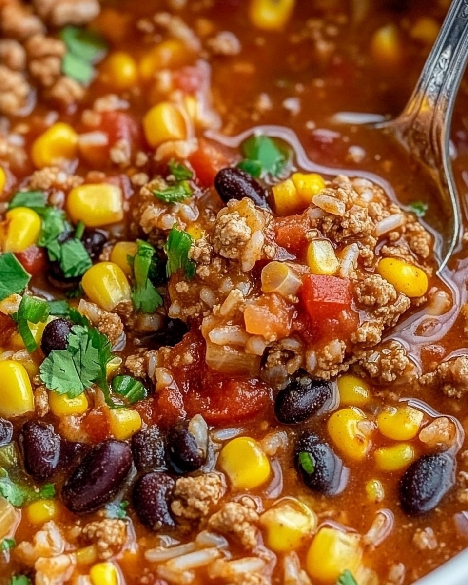 A white bowl filled with three visible layers: the bottom layer is a rich red tomato-based soup with small pieces of ground meat, black beans, corn kernels, and white rice mixed evenly, sprinkled with chopped green cilantro. The middle layer shows scattered bright yellow shredded cheese mostly melting into the soup. The top layer has a dollop of smooth white sour cream on one side of the bowl. A silver spoon rests inside the bowl, angled to the right. The bowl is placed on a white marbled surface with a few yellow corn chips slightly blurred in the background. Photo taken with an iphone --ar 4:5 --v 6.1