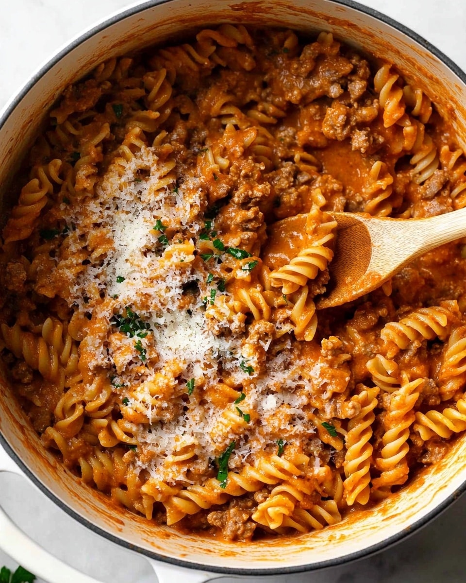 The image shows a large white pot filled with rotini pasta coated in a rich, creamy orange-red sauce mixed with small chunks of browned meat. The dish is topped with a sprinkle of grated parmesan cheese and small pieces of chopped green herbs. A wooden spoon is stirring the pasta from the right side, lifting some of the sauce-covered pasta out of the pot. The pot is placed on a white marbled surface. photo taken with an iphone --ar 4:5 --v 6.1