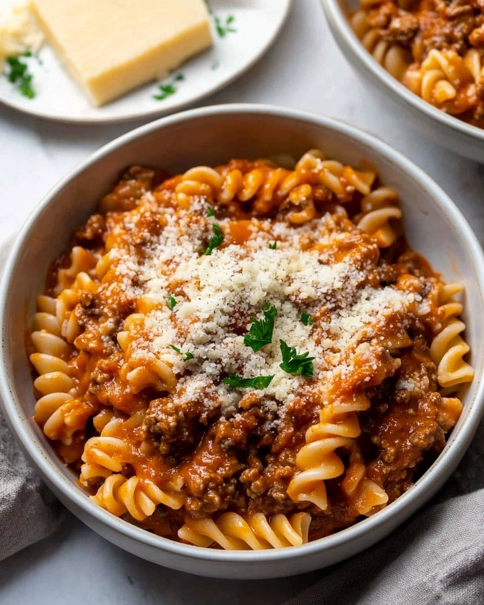 Two white bowls filled with spiral pasta covered in thick orange-red sauce are shown from above. Each bowl has a creamy white sauce layer peeking through the pasta, topped with a sprinkle of light brown breadcrumbs and bright green parsley in the center for color contrast. One bowl contains a silver spoon resting inside, partly covered by the pasta. The bowls sit on a soft gray cloth over a white marbled surface, with a white plate of grated cheese and a spoon in the background. The scene looks warm and cozy, photo taken with an iphone --ar 4:5 --v 6.1