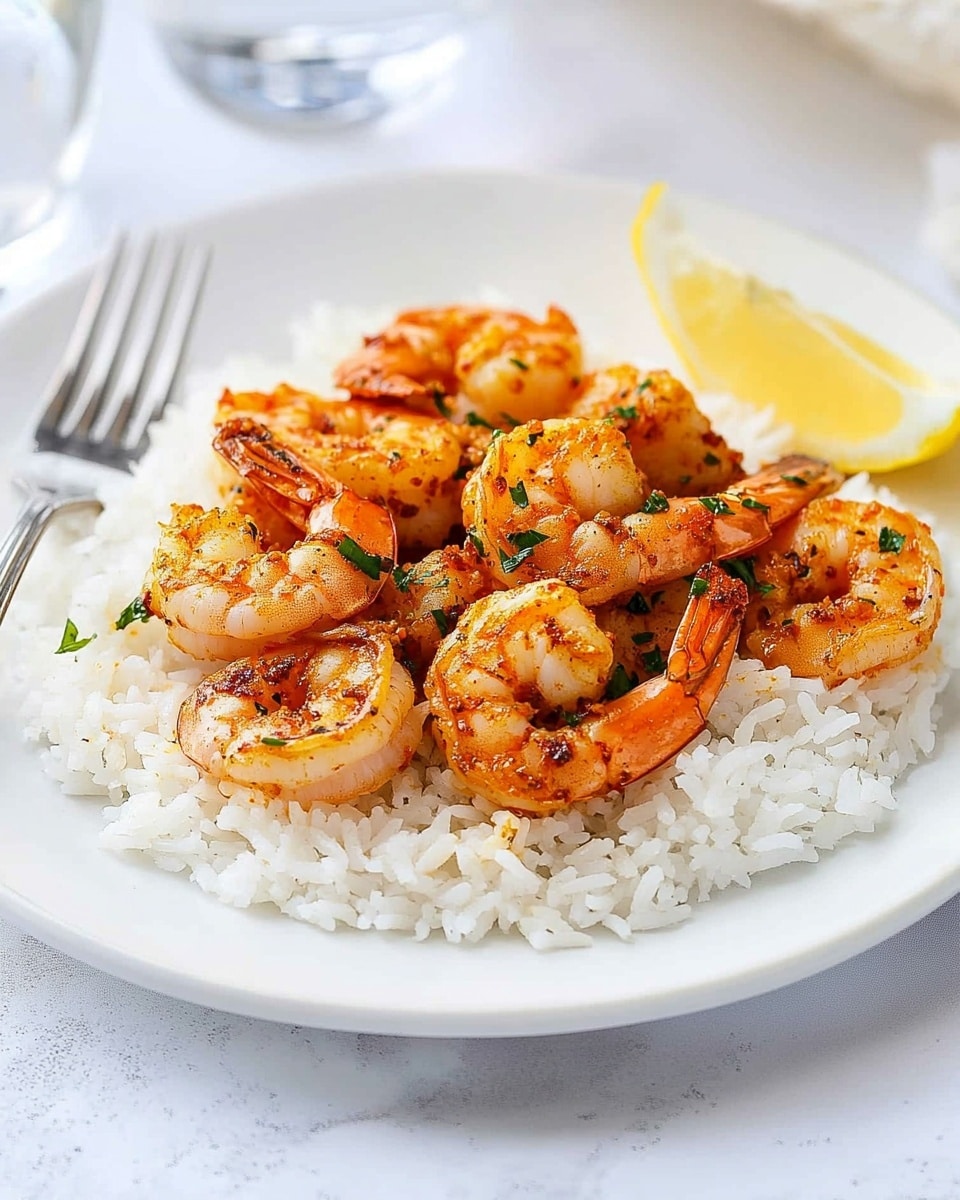 A white plate shows seven cooked shrimp covered in a reddish-orange sauce with small green herb pieces scattered on the shrimp and sauce. The shrimp are arranged loosely in a circle, leaving a space on the right side of the plate where a lemon wedge rests. The sauce pools slightly around the shrimp, giving a shiny, moist texture. The plate sits on a white marbled surface with a yellow cloth partially visible in the bottom right corner. Photo taken with an iphone --ar 4:5 --v 6.1