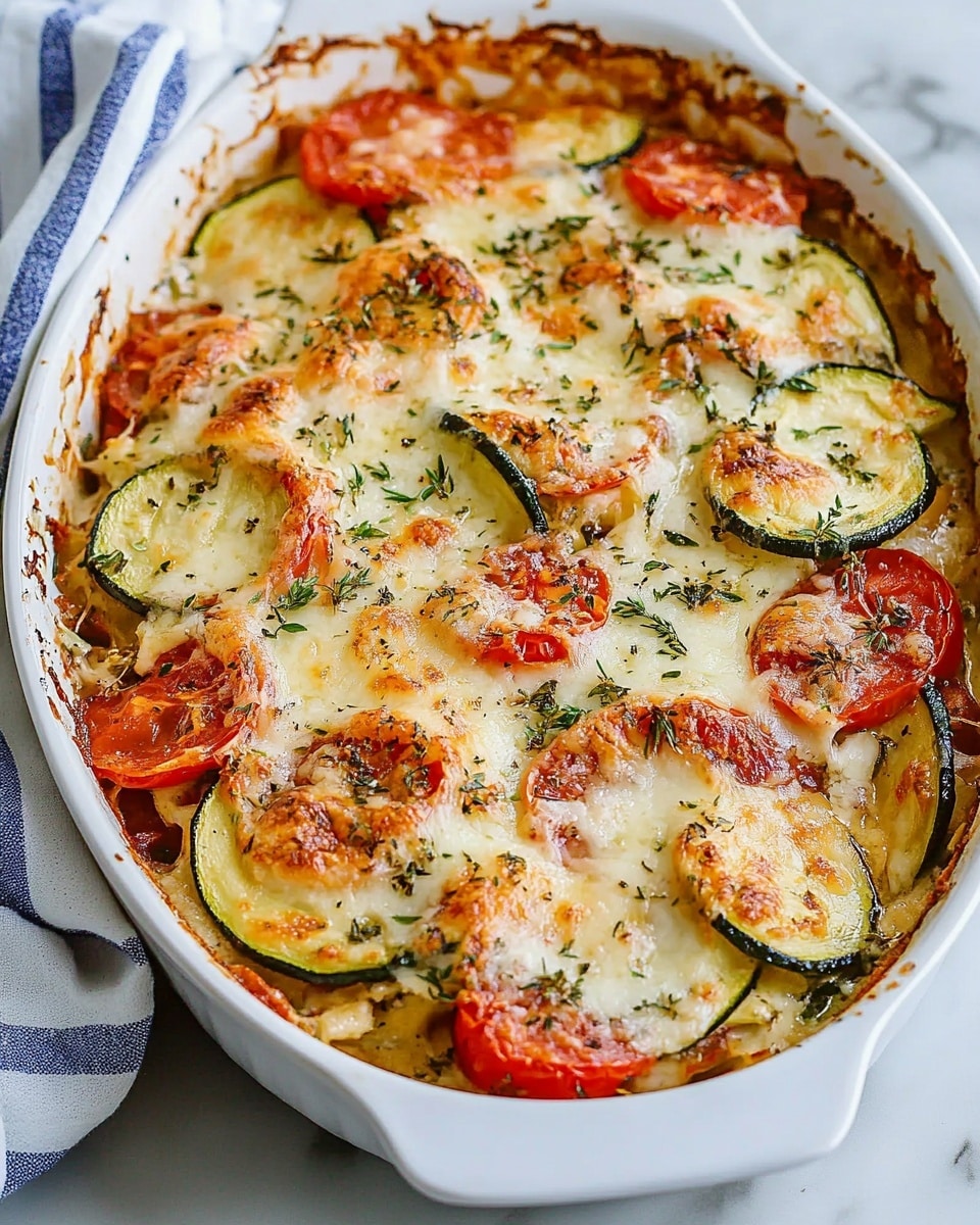 The dish shows a thick, creamy casserole with a visible first layer of soft, overlapping round slices of green zucchini mixed with bright, small chunks of red tomato. On top, there is a golden-brown melted cheese layer that is bubbly and browned in spots, covering the veggies evenly. The cheese has a slightly crisp and glossy texture with small flecks of green herbs scattered throughout. The food is in a white dish with a silver serving spoon resting inside, placed on a white marbled surface. photo taken with an iphone --ar 4:5 --v 6.1