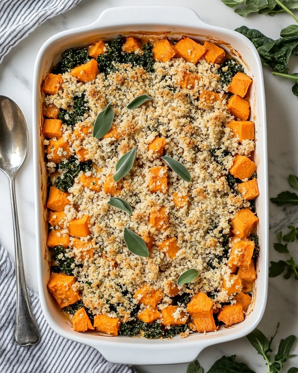 A small white plate is piled with a mixed dish of three main layers: the bottom layer has cubes of bright orange roasted squash, the middle layer holds dark green leafy kale and translucent cooked onion slices, and the top layer is a bubbly, golden-brown breadcrumb crust with a light green herb sprig on top. The plate sits on a white marbled surface with sprigs of fresh herbs scattered nearby. In the background, part of a white baking dish with some of the dish missing is visible. Photo taken with an iphone --ar 4:5 --v 6.1