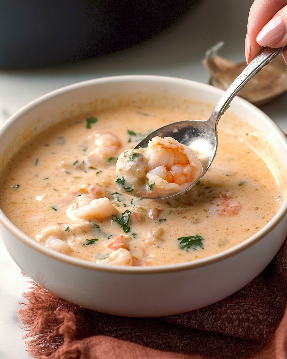 A thick creamy soup with a pale orange color sits in a white bowl, showing small pieces of green herbs and chunks of meat or vegetables throughout the surface. A shiny silver spoon rests inside the bowl, partially submerged in the soup. Behind the bowl is a large black pot filled with the same soup, showing a slightly swirled texture on top. To the right side, there is a white small plate with chopped green herbs, placed on a rust-colored cloth. The entire scene is set on a light brown wooden surface with a white marbled texture background. photo taken with an iphone --ar 4:5 --v 6.1