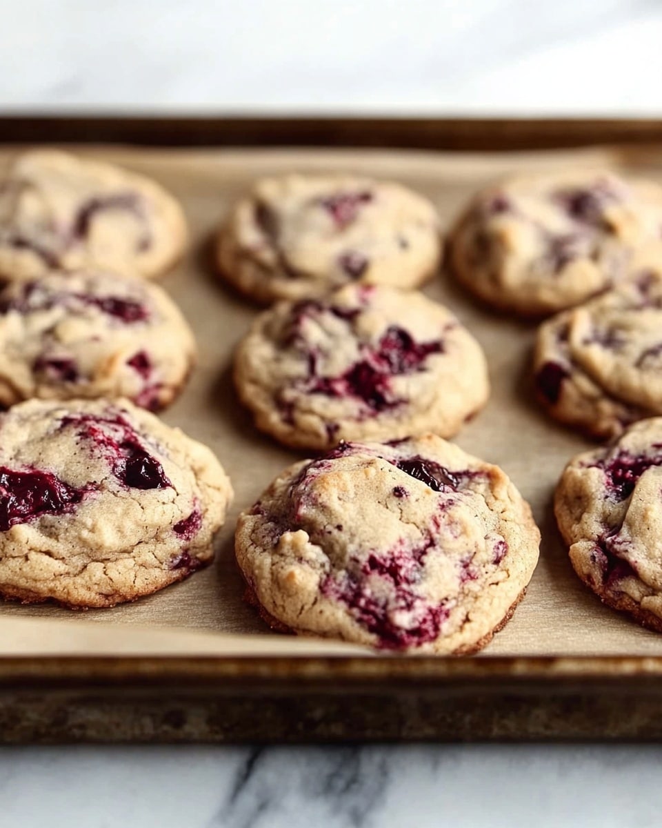 Twelve round cookies are placed neatly in three rows on a black cooling rack over a white marbled surface. Each cookie has a light golden-brown base with swirls of dark chocolate and bright red raspberries visibly mixed throughout, giving a textured and slightly rough appearance. Pieces of shiny dark chocolate chunks are scattered on top of several cookies, adding depth to their surface. The cookies look soft and slightly raised, with uneven, natural edges showing a handmade touch. The arrangement is evenly spaced, covering the entire rack. Photo taken with an iphone --ar 4:5 --v 6.1