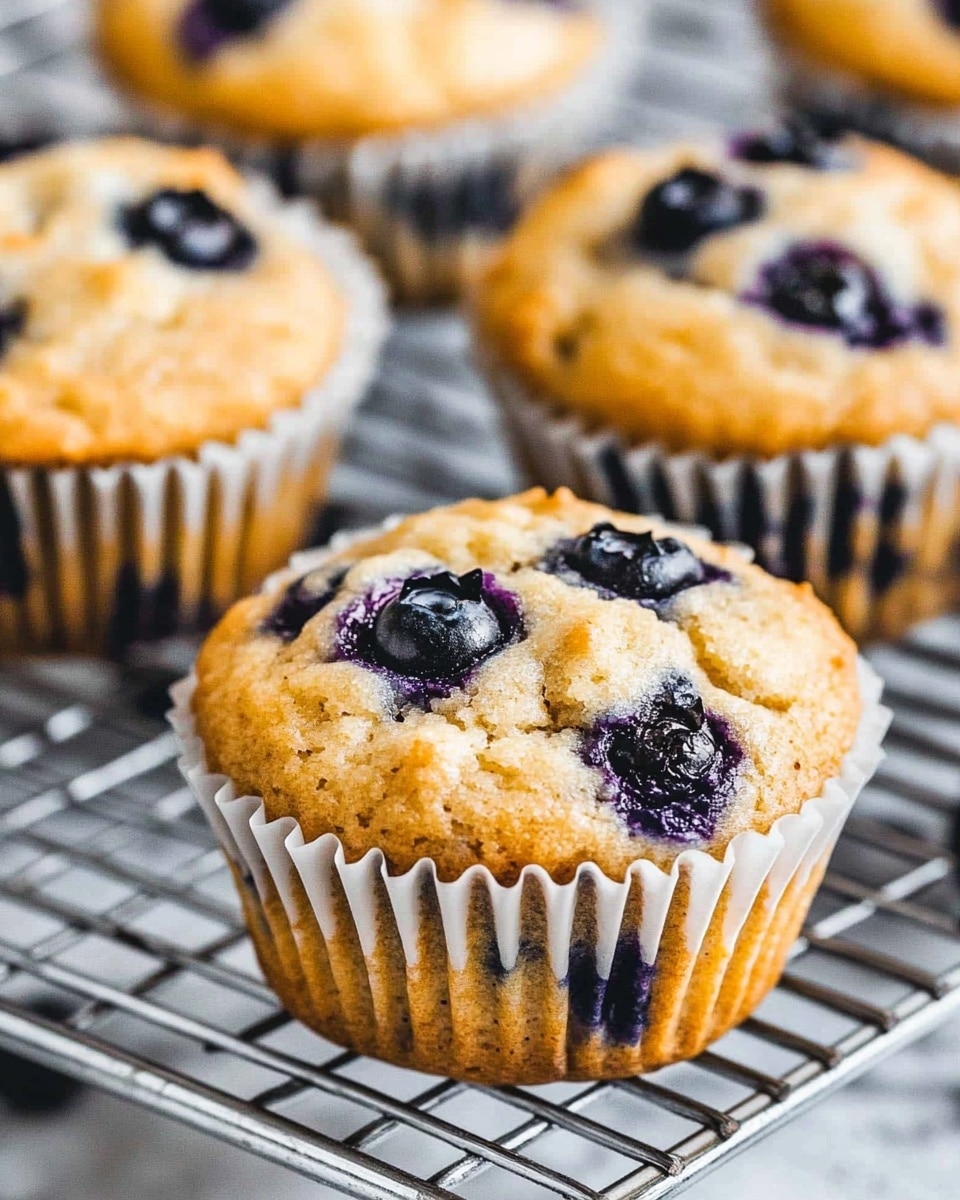 The image shows several blueberry muffins resting on a metal cooling rack. Each muffin has one layer with a light golden-brown top sprinkled with dark blue whole blueberries that create small raised bumps, and the sides are wrapped in white paper liners with slight vertical ridges. The muffins look soft and fluffy with a slightly bumpy texture on top, and the background is slightly blurred with a white marbled texture. Photo taken with an iphone --ar 4:5 --v 6.1