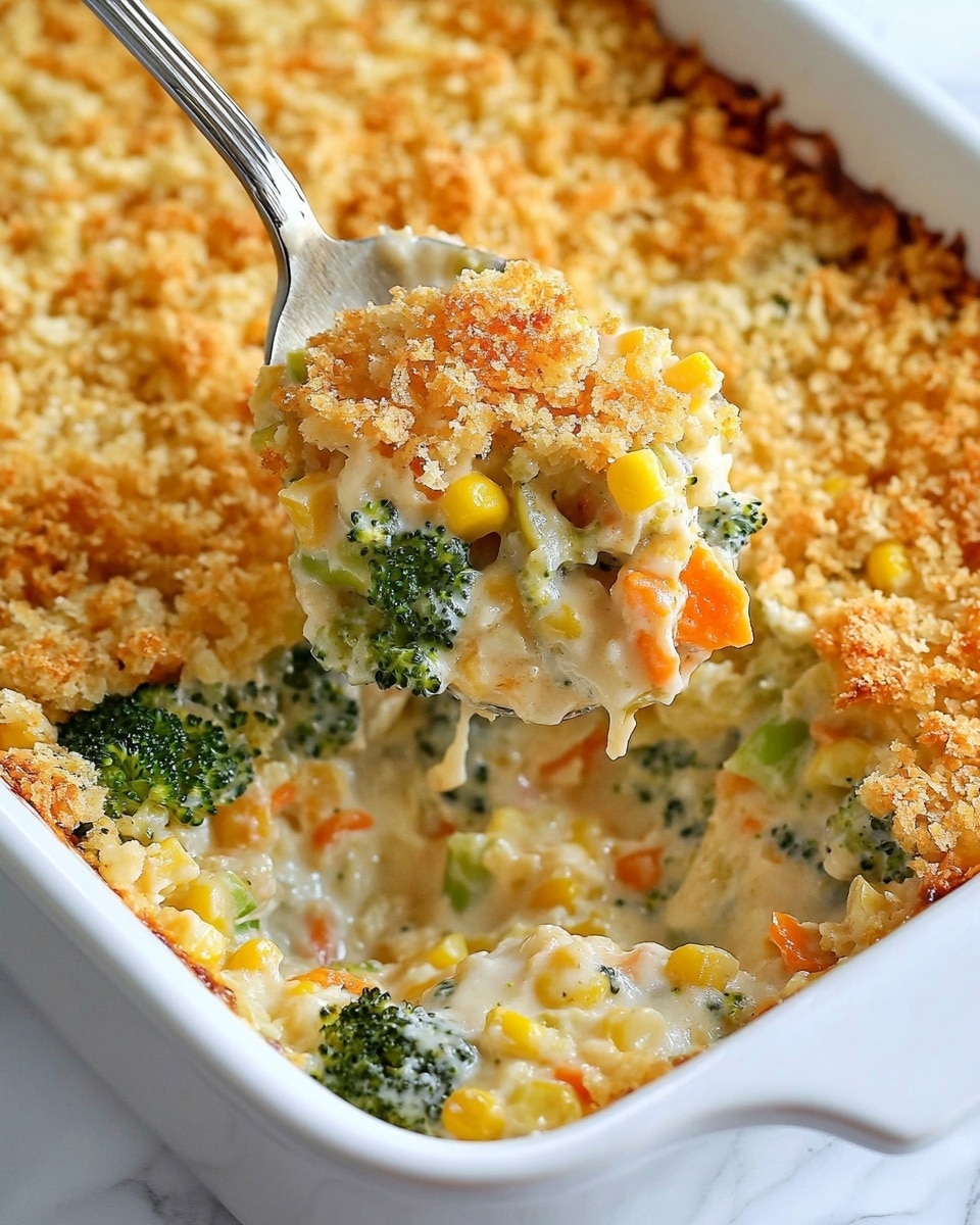 The image shows a white rectangular baking dish filled with a baked casserole. The top layer is golden brown and crispy with a crumbly texture that looks like crushed crackers or breadcrumbs. Small green broccoli pieces peek through the golden topping evenly across the surface. Underneath the crust, the casserole appears creamy with a yellowish color, suggesting a mix of cheese and sauce. The dish rests on a white marbled surface. Photo taken with an iphone --ar 4:5 --v 6.1