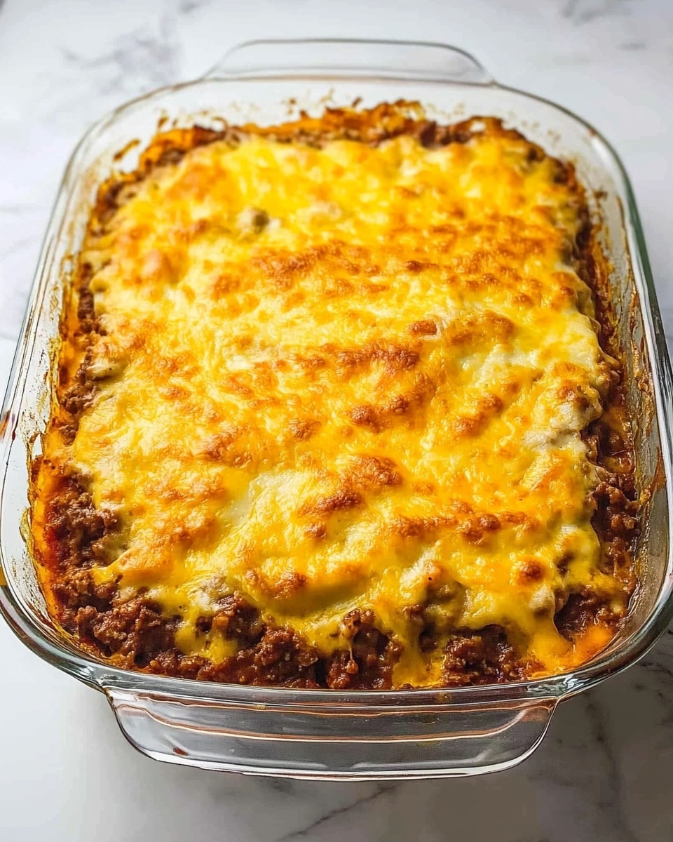 A glass baking dish with a clear pattern holds a baked casserole that has two visible layers: the bottom layer is a mix of brown cooked meat and sauce with a rich texture, and the top layer is melted yellow cheese spread unevenly, showing some browned spots from baking. The dish sits on a white marbled surface. photo taken with an iphone --ar 4:5 --v 6.1