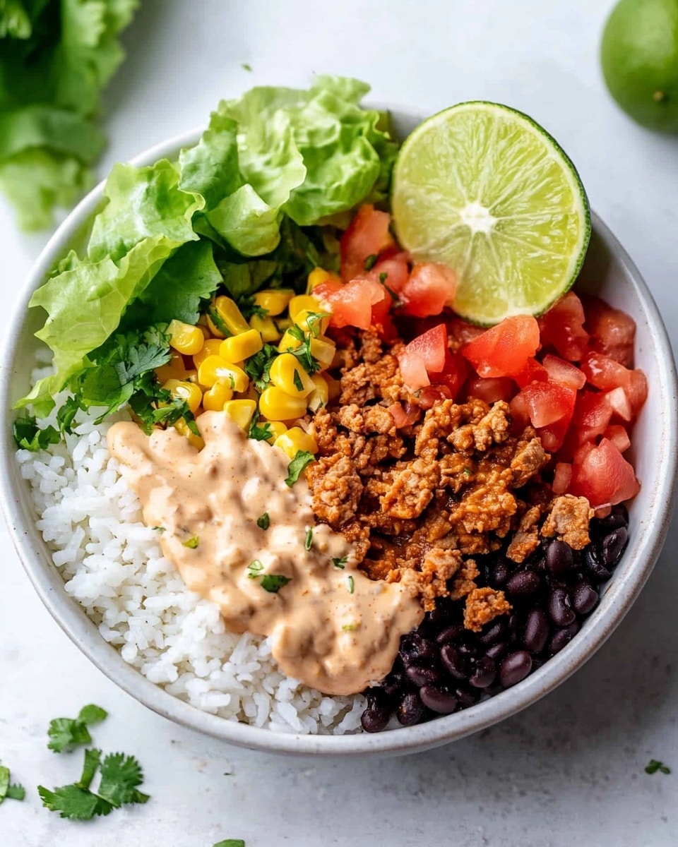 A white bowl sits on a white marbled surface filled with layers of food. At the bottom left is a layer of white rice, next to it on the bottom right is a layer of crumbled cooked meat with a light brown, crumbly texture. Above the rice is a mix of black beans and bright yellow corn. To the right of that and above the meat are bright red chopped tomatoes. Behind these ingredients, there is a row of fresh, green leafy lettuce leaves standing upright. A slice of lime rests on the right side of the bowl next to the lettuce. There is a light-colored sauce drizzled over the meat, some beans, and tomatoes. In the background, on the white marbled surface, are small pieces of lettuce and lime wedges slightly out of focus. photo taken with an iphone --ar 4:5 --v 6.1
