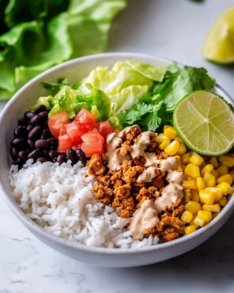 A bowl shows a layered dish on a white marbled surface, starting with a base of fluffy white rice spread on one side. On top of the rice near the bowl's edge are fresh green romaine lettuce leaves standing upright. Next to the lettuce is a mix of yellow corn kernels and black beans creating a colorful contrast. In the middle, bright red diced tomatoes are placed beside crumbled cooked ground protein in a light brown color. Green jalapeño slices sit near the protein next to a lime wedge on the bowl's edge. A creamy white sauce is drizzled over the beans, tomatoes, and ground protein. The bowl is white, and a striped gray cloth is placed beside it on the surface. Photo taken with an iphone --ar 4:5 --v 6.1