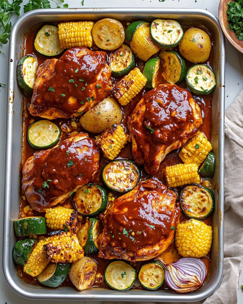 A white plate lined with newspaper holds a meal arranged in layers: at the bottom, a mix of browned round potatoes and sliced light green zucchini with soft, slightly browned edges; on top of that, a large grilled chicken piece glazed with a shiny, dark red barbecue sauce, sprinkled with green herbs; around the chicken are three chunks of bright yellow corn on the cob, lightly grilled showing some dark grill marks; the whole plate sits on a white marbled surface with a small wooden bowl of chopped green herbs beside it, and a woman's hand is reaching from the left holding a fork near the plate photo taken with an iphone --ar 4:5 --v 6.1
