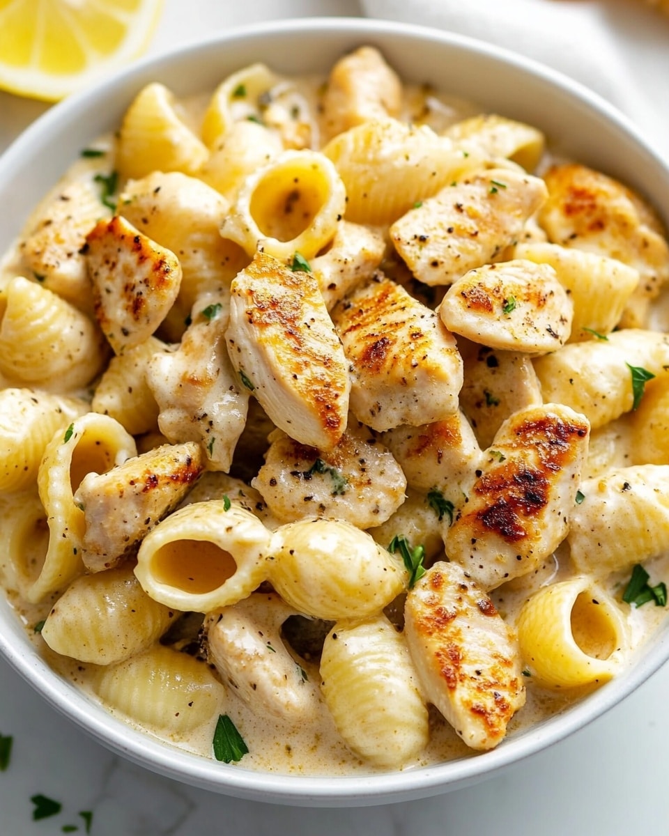 A white bowl filled with creamy pasta shells mixed with grilled, golden-brown chicken strips. The pasta and chicken are covered in a light beige creamy sauce speckled with small herbs and black pepper bits. Chopped green parsley is sprinkled on top for color. A slice of lemon is slightly visible in the top left corner on a white marbled surface, and a white cloth is partially in view on the right side. The photo was taken with an iphone --ar 4:5 --v 6.1