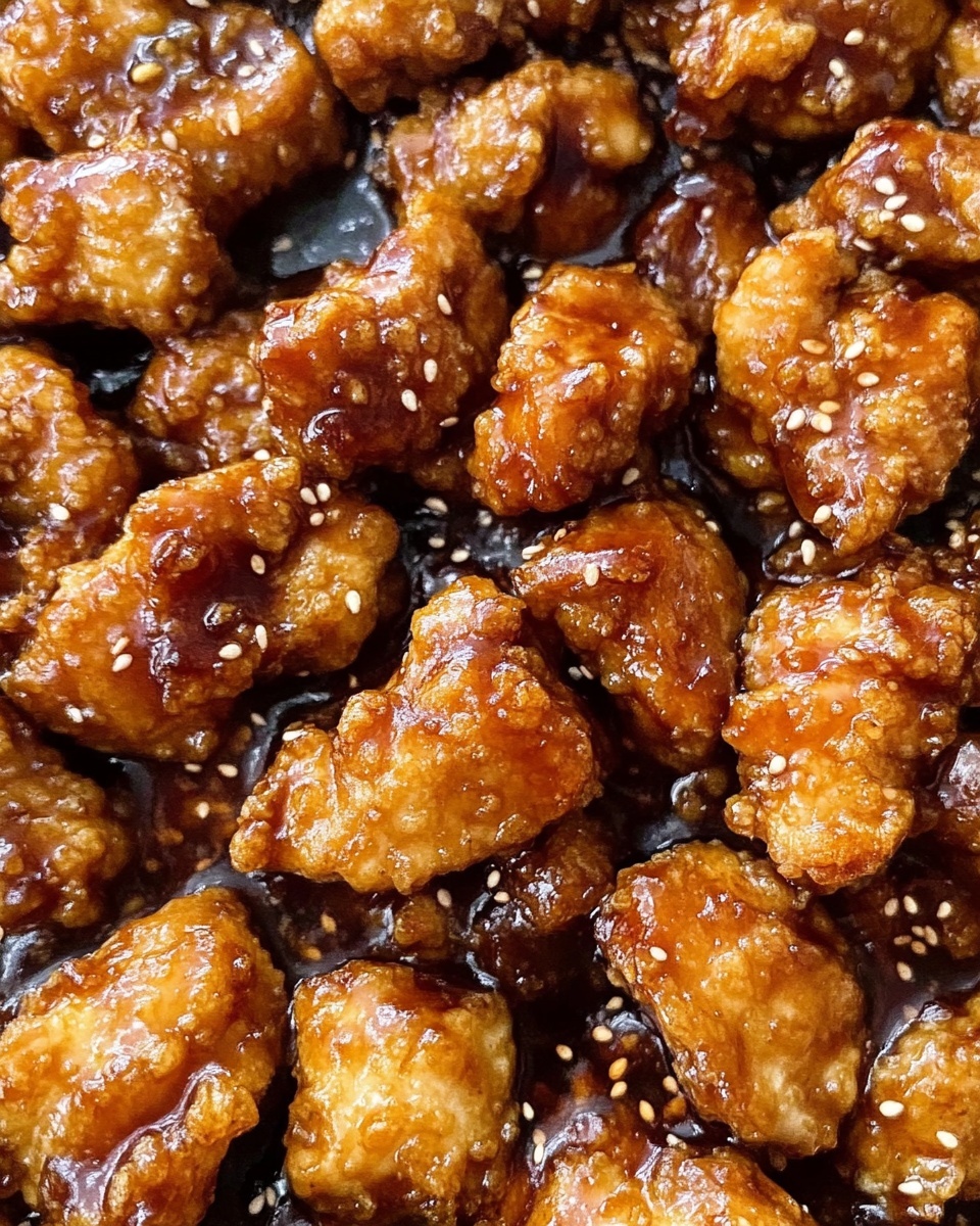 The image shows many small pieces of golden brown chicken cooked in a thick dark brown sauce. The chicken pieces have a crispy texture with some light sesame seeds sprinkled on them. They are closely arranged covering the surface, and the sauce underneath is shiny with a sticky, syrupy look. The background is a white marbled texture. Photo taken with an iphone --ar 4:5 --v 6.1