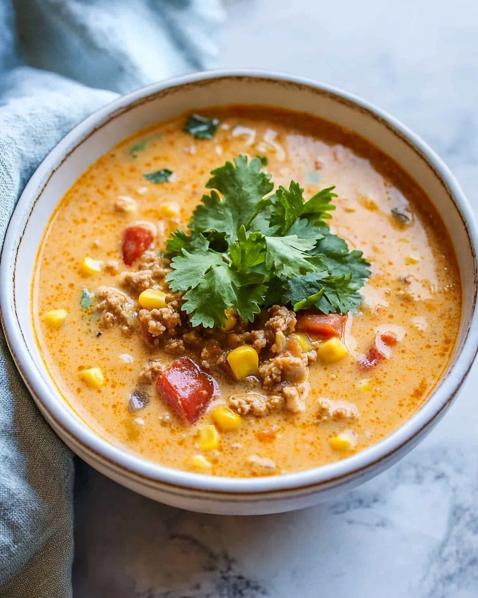 A creamy soup served in a white bowl with a red outside, filled with a light orange broth mixed with white beans, yellow corn, light chunks of tomato, and small bits of light beige meat. On top, bright green cilantro leaves are scattered for garnish, adding a fresh contrast. A black spoon rests inside the bowl, and it is placed on a white marbled surface with a blue-gray checked cloth nearby. photo taken with an iphone --ar 4:5 --v 6.1