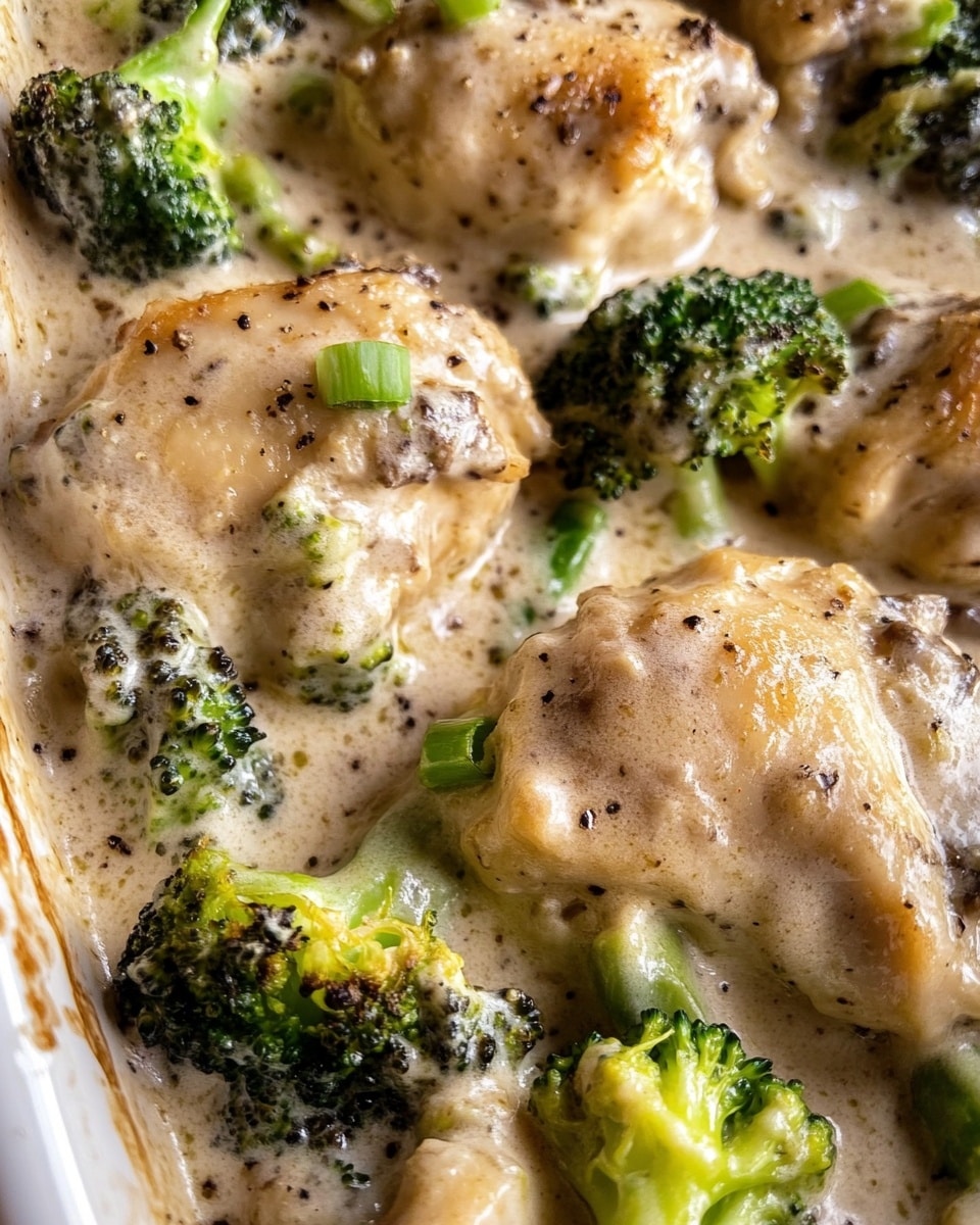 The dish shows several pieces of cooked chicken covered in a thick, creamy white sauce with specks of black pepper. Around the chicken are lightly browned broccoli florets, some with a bit of green stalk showing. Scattered on top are small bits of chopped green onion, adding a fresh pop of bright green color. The creamy sauce looks smooth with a slightly shiny texture and some melted cheese sprinkled across the top. The whole dish is in a white baking dish with a white marbled background. photo taken with an iphone --ar 4:5 --v 6.1