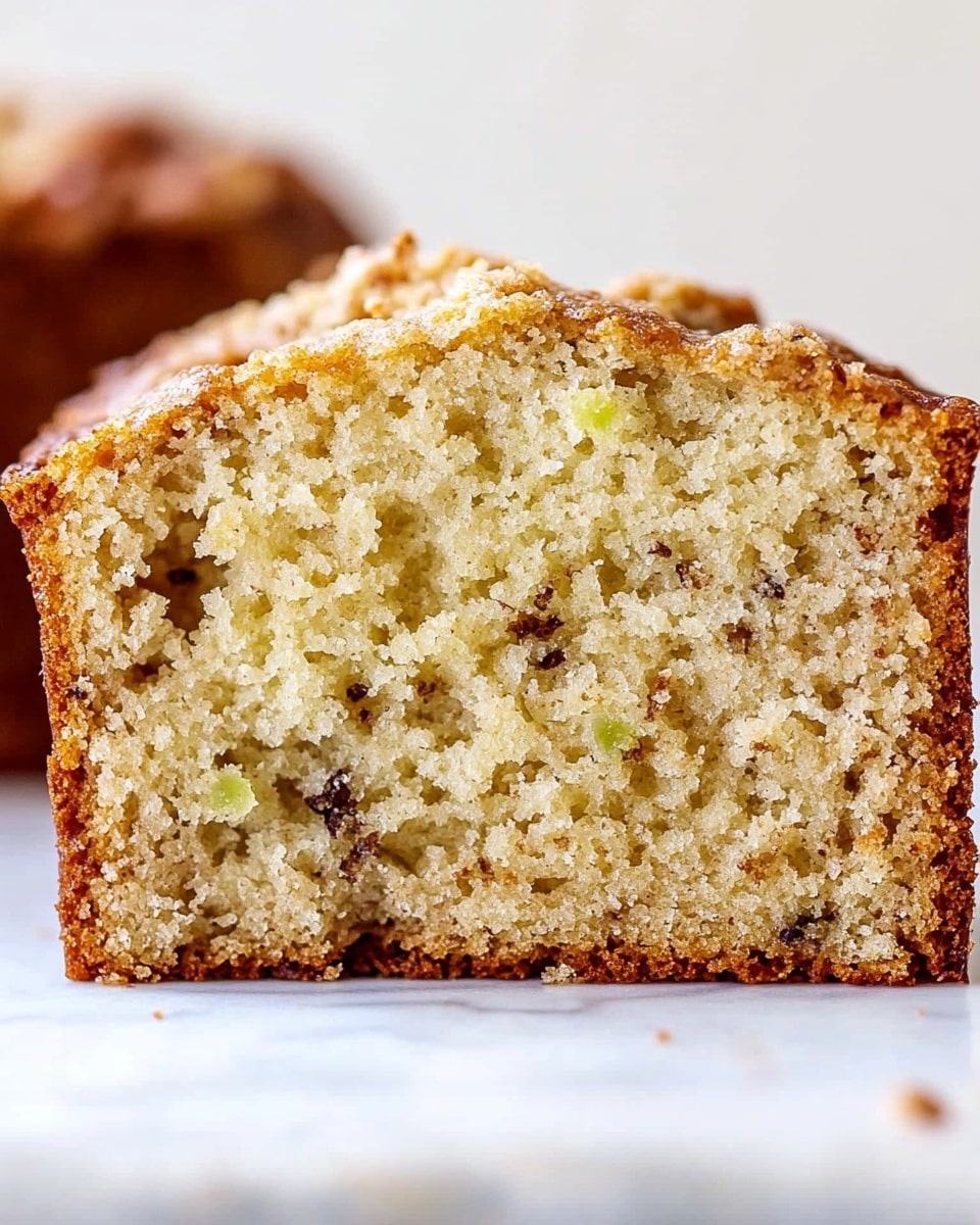 A close-up image of a single thick slice of moist cake, showing a crumbly texture with small bits of green and dark specks spread throughout the light golden brown interior. The cake has a slightly darker and crisp top crust with uneven bumps and a softer, lighter crumb inside. The slice is placed directly on a white marbled surface with a blurred piece of the same cake in the background. Photo taken with an iphone --ar 4:5 --v 6.1