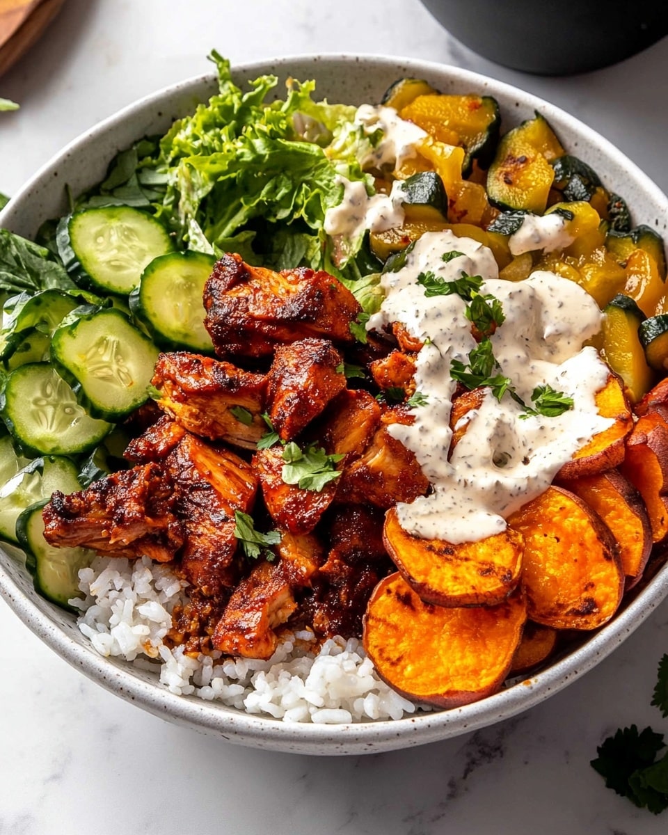 A stone bowl filled with layers of food is shown on a white marbled surface. The bottom layer is a bed of light brown rice spread around half of the bowl. On top of the rice are golden brown pieces of cooked meat with a slightly charred texture. Next to the meat are slices of bright orange sweet potatoes, some drizzled with a creamy light beige sauce. There is a fresh green leafy salad with thin slices of cucumber and yellow peppers on one side. A dollop of white sauce with green herbs is on the meat, and some microgreens are scattered on top for garnish. The setting is bright with natural light creating soft shadows, photo taken with an iphone --ar 4:5 --v 6.1