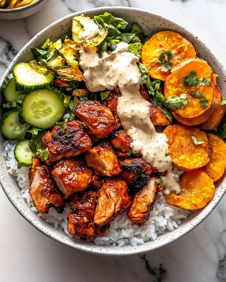 A round bowl with a speckled light grey texture holds a colorful dish, set on a white marbled surface. The bowl is filled with layers starting with a base of white rice on one side. Next to the rice, there is a layer of golden-brown roasted sweet potato slices sprinkled with sesame seeds and drizzled with a light creamy sauce. In the center and lower parts of the bowl are pieces of dark, richly seasoned cooked meat with a slight char, topped with dollops of a white sauce. Around the meat and sweet potatoes, there is a fresh layer of bright green salad made of leafy lettuce, sliced cucumbers, and pickled yellow pepper rings, some microgreens scattered on top. The dish is bright and textured with contrasting colors and layering. Photo taken with an iphone --ar 4:5 --v 6.1