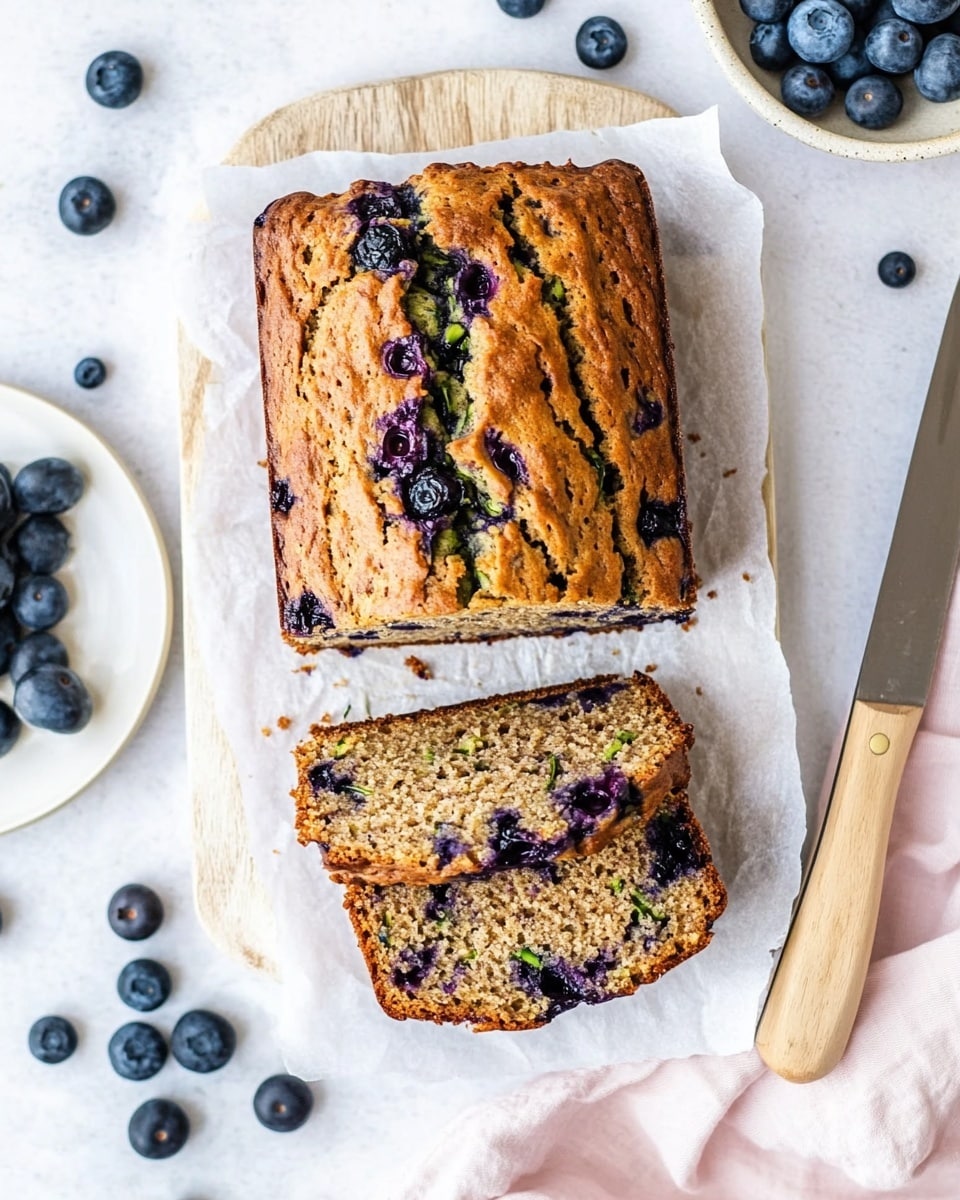 A close-up of a single thick slice of moist, light brown bread loaf sitting on a white plate with a wavy rim, showing visible pieces of green zucchini and dark blueberries embedded inside. The bread texture looks soft with small air pockets and the blueberries add dark purple spots in the slice. In the background, another similar slice is also visible on a white plate, with two silver vintage-style forks placed loose beside them. Fresh blueberries are scattered on the white marbled surface near the plates, with a light beige cloth partly in view. Photo taken with an iphone --ar 4:5 --v 6.1