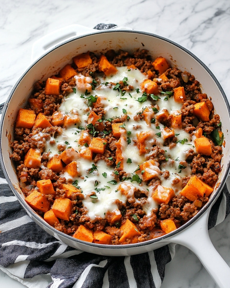 A white-handled black pan filled with a dish that has two main layers mixed together: bright orange soft cubes that look like cooked sweet potatoes, and browned ground meat mixed with melted white cheese spread unevenly on top. Small bits of green herbs are sprinkled all over, adding color contrast. The pan sits on a white marbled surface, with part of a striped cloth visible near the bottom. The lighting is soft, highlighting the warm colors of the food. photo taken with an iphone --ar 4:5 --v 6.1