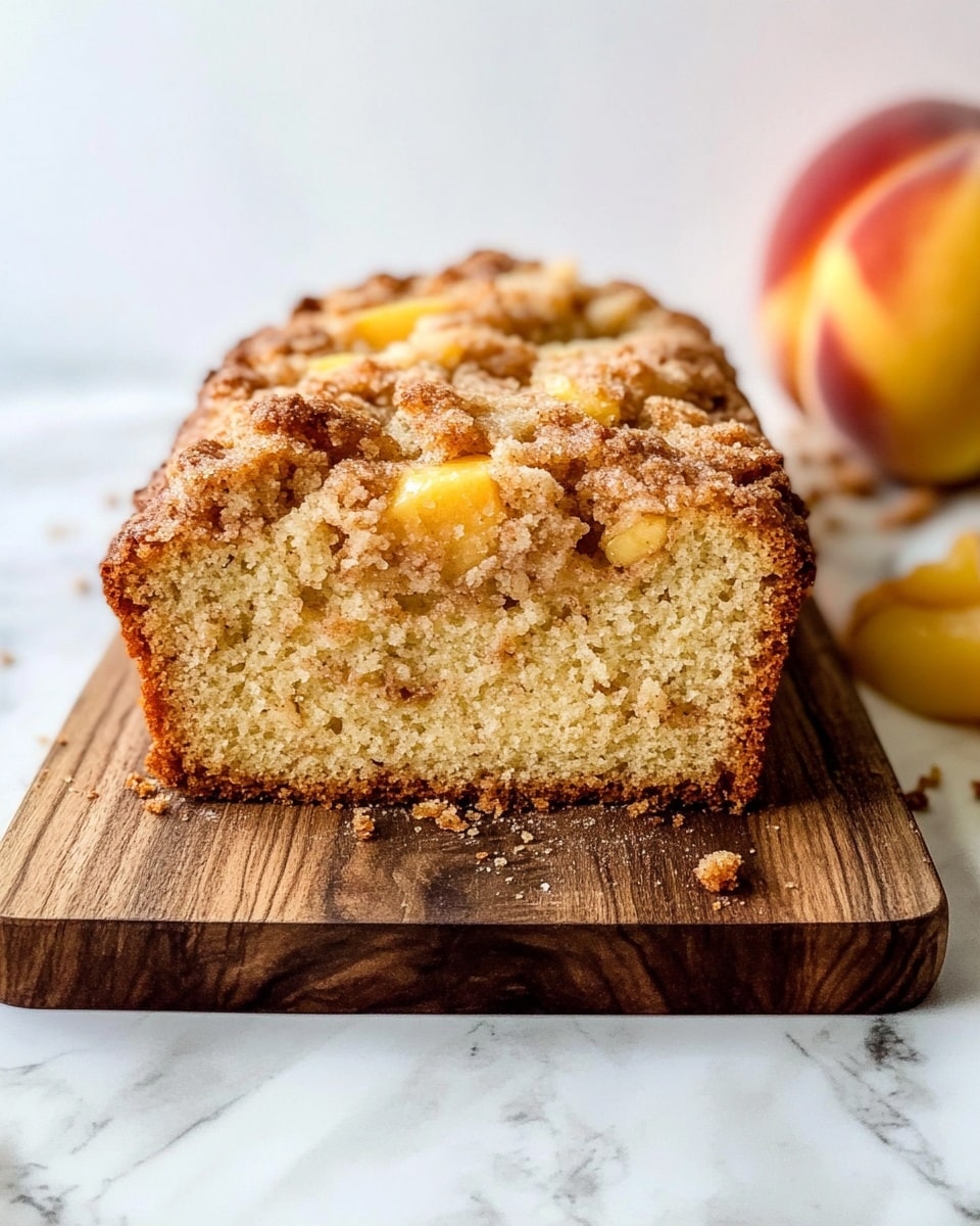 The image shows four slices of peach crumb cake placed side by side on a wooden board over a white marbled surface. Each slice has a thick crumbly brown topping with a rough texture layered on top of a light yellow soft cake base, which has chunks of yellow peach pieces scattered inside. The crumb layer is visibly uneven and coarse, creating a contrast with the moist texture of the cake underneath. Below the wooden board, two whole peaches, one whole and one halved, rest on a light pink and white cloth, adding bright orange and yellow colors to the scene. The photo taken with an iphone --ar 4:5 --v 6.1