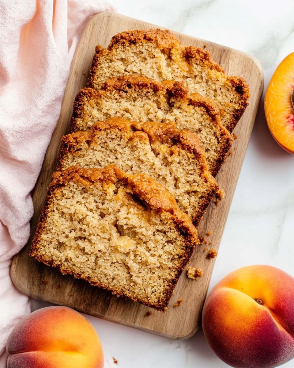 The image shows a thick slice of peach crumb cake resting on a wooden board with a white marbled background. The cake slice has three main layers: the bottom layer is a light golden yellow dense cake, the middle layer contains scattered yellow peach chunks mixed into the cake, and the top layer is a crumbly, textured brown streusel topping. Soft crumbs from the streusel are also scattered on the wood near the cake slice. The colors range from light golden yellow to warm brown and peachy yellow spots. photo taken with an iphone --ar 4:5 --v 6.1