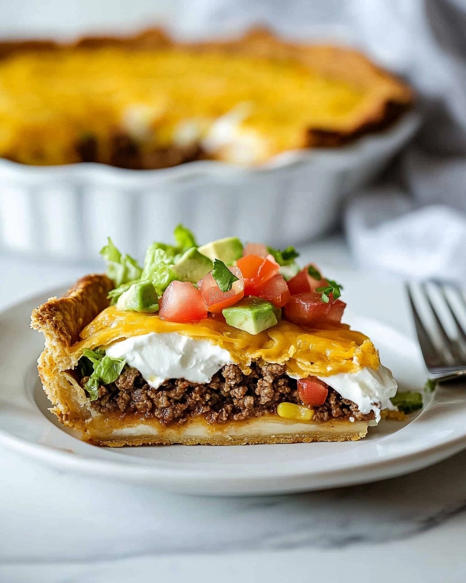 The dish is a baked pie served in a white round deep dish. The crust is golden brown and puffs up around the edges with a slightly crispy texture. Inside the crust is a smooth layer of melted bright yellow cheese spread evenly over the whole dish. On top of the cheese in the center is a mound of fresh diced red tomatoes, light green shredded lettuce, chunks of pale green avocado, and dark green cilantro leaves. The dish sits on a white cloth on a white marbled surface, with some blurred background items like sliced tomatoes and lettuce. Photo taken with an iphone --ar 4:5 --v 6.1