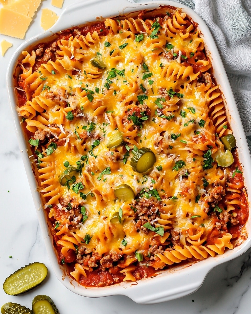 A white baking dish filled with three visible layers: at the bottom, a red tomato sauce with small meat chunks; in the middle, a layer of orange spiral pasta mixed with the sauce and meat; and at the top, a thick layer of melted bright yellow cheddar cheese scattered with small green pickle pieces and fresh green herbs. A metal spoon is scooping out a portion from the bottom right corner showing the layers clearly. The dish rests on a white marbled surface, with some shredded cheddar cheese and pickle slices nearby. Photo taken with an iphone --ar 4:5 --v 6.1