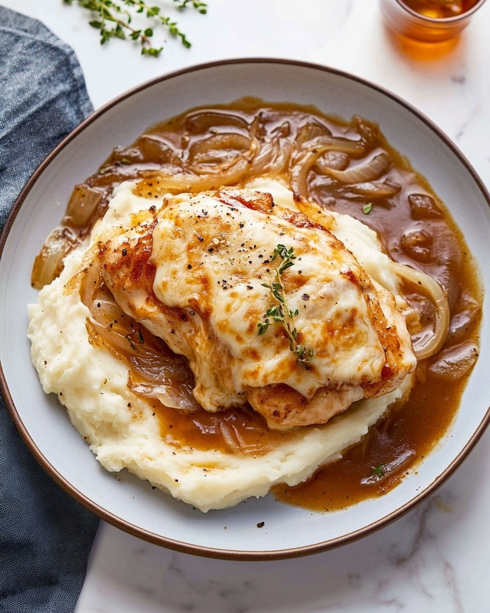 A deep blue bowl holds the dish, set on a white marbled surface. The bottom layer is a smooth, creamy white mashed potato base. On top, there are two pieces of browned cooked chicken covered with a layer of melted cheese that is slightly golden in spots. A rich brown onion sauce with visible onion slices surrounds the cheese and chicken, pooling gently on the mashed potatoes. Sprigs of green herbs are scattered over the chicken for garnish. In the background, a dark brown pan contains more pieces of chicken in the same onion sauce. Nearby, a small white dish of black pepper, a glass of light-colored liquid, a vase with small orange flowers, and a red patterned cloth with a golden fork add to the scene. Photo taken with an iphone --ar 4:5 --v 6.1