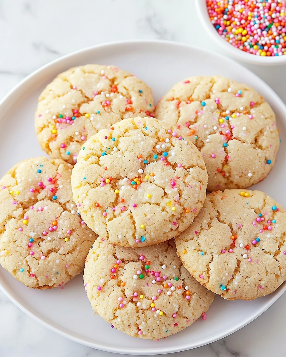 The image shows a close-up view of a group of soft, round cookies placed directly on a white marbled surface. Each cookie has a light creamy beige color with a slightly cracked texture on the top, giving a fresh-baked look. The tops of the cookies are sprinkled with tiny round colorful sprinkles in shades of purple, yellow, red, green, and white, scattered unevenly to add a playful touch. The cookies are arranged closely together, creating a sense of abundance with some sprinkles also falling on the surface around them. photo taken with an iphone --ar 4:5 --v 6.1
