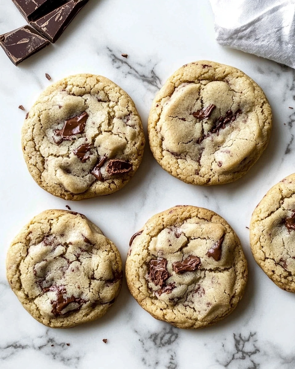 A soft chocolate chip cookie with a broken top layer revealing a melted dark chocolate center, showing a shiny, smooth texture oozing out. The cookie dough is pale brown with small chocolate chunks embedded throughout. The cookie rests on a piece of light brown parchment paper on a white marbled surface. In the background, more similar cookies are partly visible, one stacked on top of another with melted chocolate visible in between. Photo taken with an iphone --ar 4:5 --v 6.1