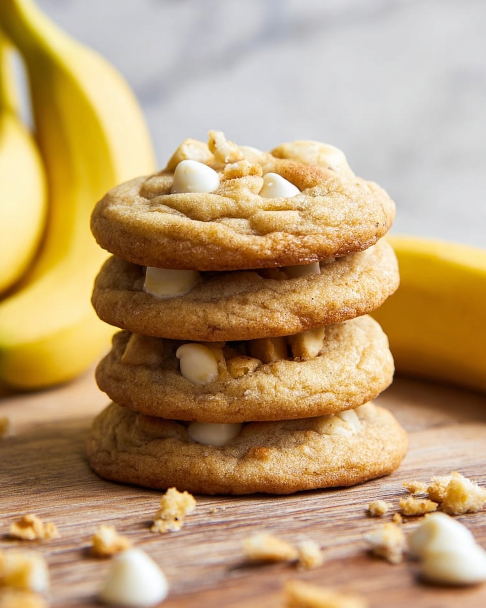 A stack of four round golden-brown cookies rests directly on a wooden surface with a few white chocolate chips visible on the top and in between the layers; the cookies have a soft texture with some small chunks embedded inside. Behind the stack, there are two ripe yellow bananas leaning slightly together, and scattered cookie crumbs around the base add a casual look. The background is a white marbled texture. photo taken with an iphone --ar 4:5 --v 7