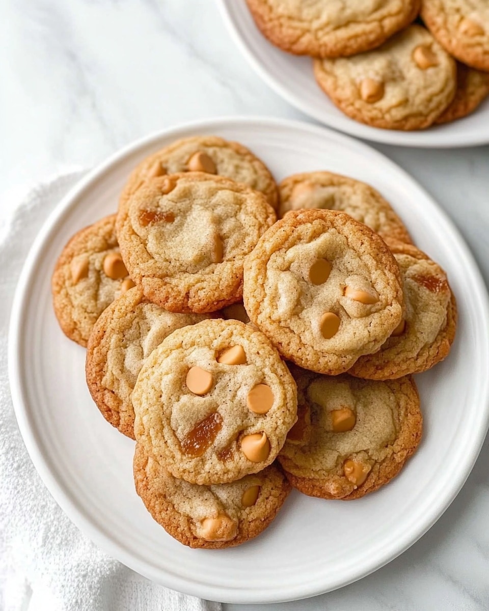 A white round plate on a white marbled surface holds a stack of six golden-brown cookies filled with small light brown chips evenly spread, showing a soft and slightly textured surface with some cracks. Behind this plate is a tall stack of similar cookies, leaning slightly, and to the right is a small white bowl filled with the same light brown chips. A woman's hand is lightly touching the side of the plate. The background is softly blurred with a white cloth and a glass bottle placed behind the cookies, all on the white marbled surface photo taken with an iphone --ar 4:5 --v 7