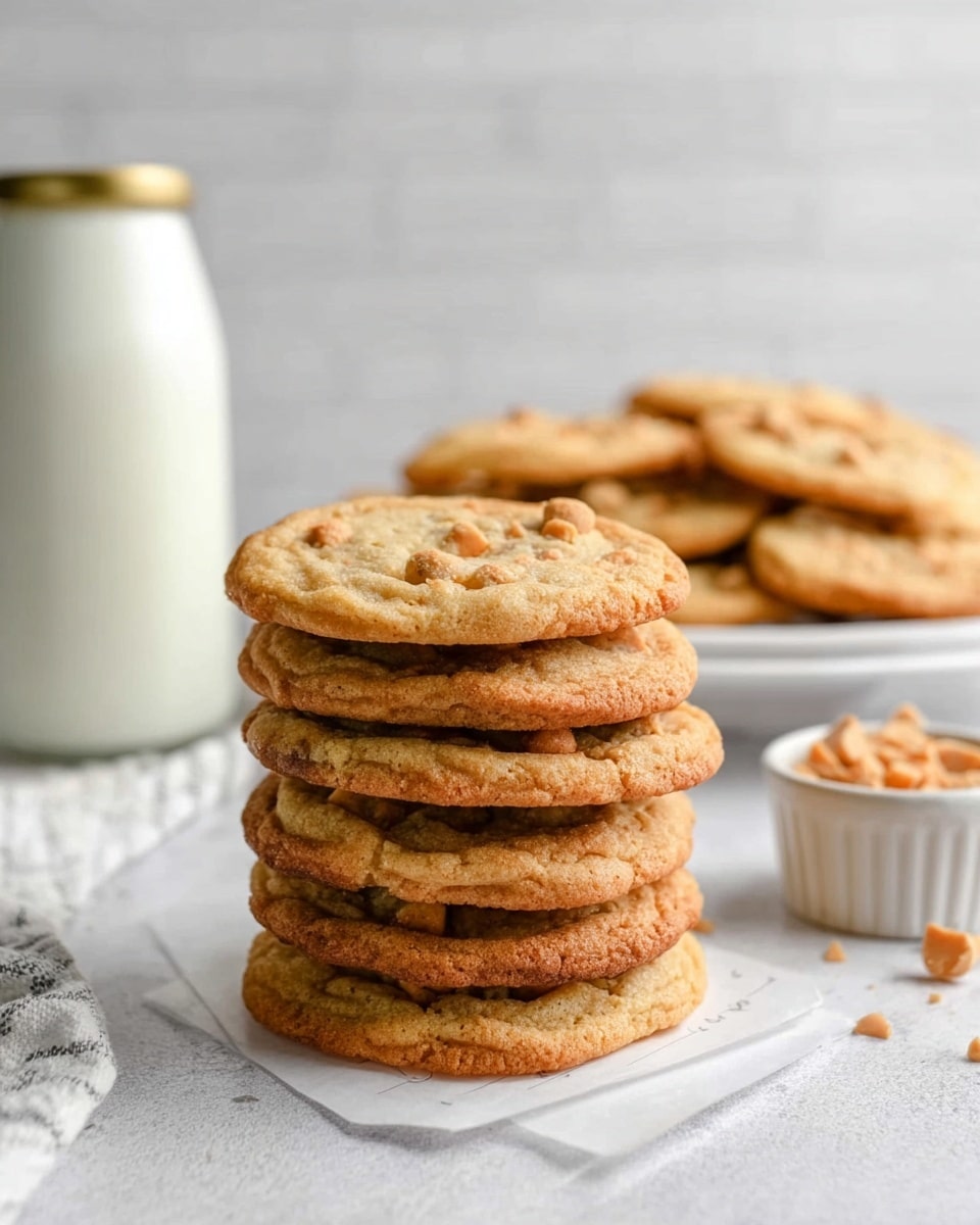 A stack of seven golden brown cookies with a slightly uneven round shape is placed on a white marbled surface. Each cookie has small light brown chunks embedded, giving a speckled texture across their soft, slightly crisp tops. In the background, there is a white plate holding more cookies that are golden with some edges darker than others. On the left side, a clear glass bottle of milk with a gold-rimmed neck stands tall, and on the right side, a small bowl filled with light brown chunks sits near a handwritten note. The setting is bright and calm with a white marbled background. Photo taken with an iphone --ar 4:5 --v 7