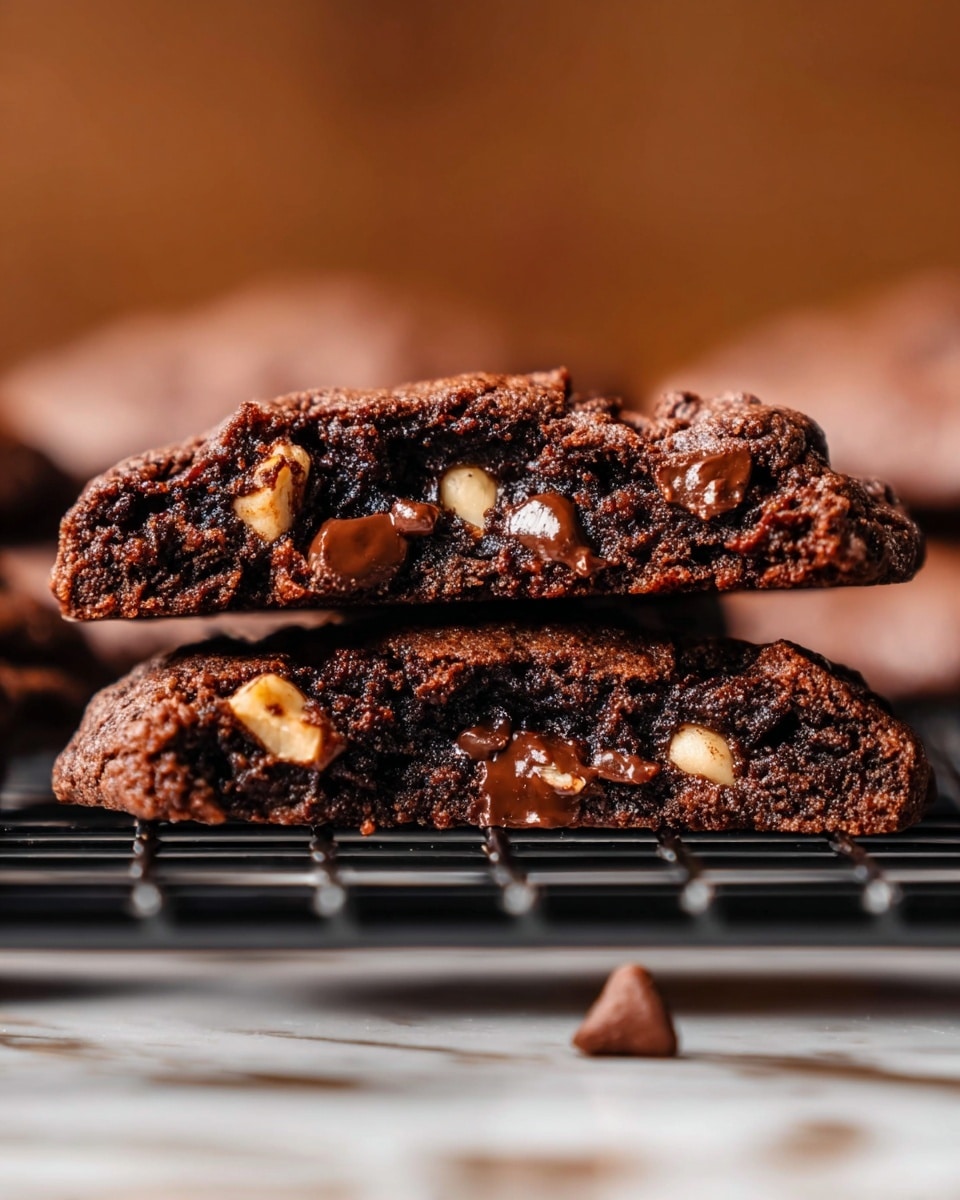 The image shows two halves of a thick chocolate chip cookie stacked on top of each other on a cooling rack. The cookie has a dark brown, moist, and dense texture with shiny melted chocolate chips scattered inside. Small pieces of light brown nuts are visible within the cookie layers. The background is blurred with a warm brown tone, and the surface below has a white marbled texture. Photo taken with an iphone --ar 4:5 --v 7