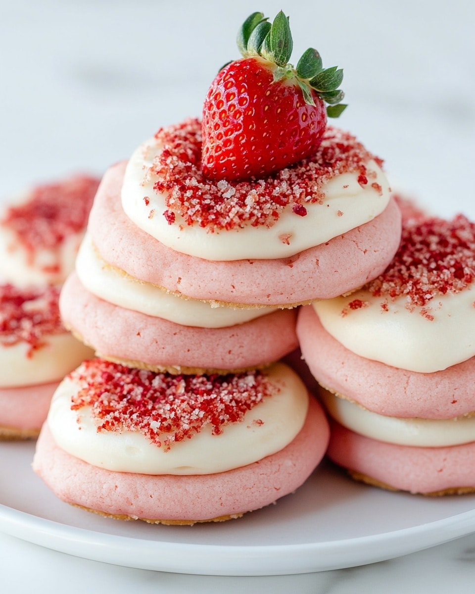 The image shows a soft pink cookie as the base layer with a smooth, thick layer of white frosting spread on top, slightly oval in shape. On top of the frosting, there is a sprinkled mix of crushed red and beige crumbs, adding rough texture and color contrast. In the background, more pink cookies with the same white frosting and crumb topping are blurred, along with a few fresh red strawberries with green leaves. The cookie sits on a silver metal cooling rack over a white marbled surface. Photo taken with an iphone --ar 4:5 --v 7