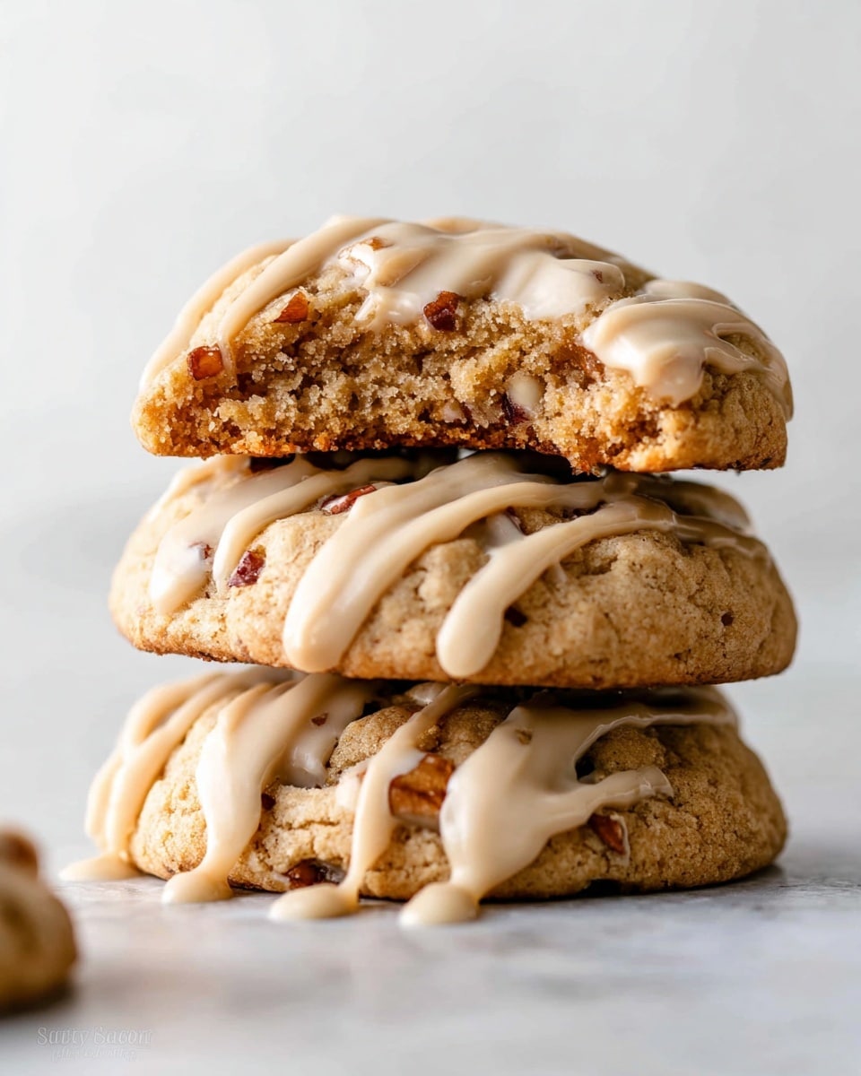 The image shows a stack of three thick cookies on a white marbled surface. The bottom cookie has light brown color with visible bits of nuts inside and is topped with creamy beige-colored drizzle that has a smooth texture. The middle cookie looks similar in color and texture, also with the same creamy drizzle running irregularly across the top. The top cookie is partially bitten, revealing a dense inside with pieces of nuts and a moist texture, and it too has the beige drizzle on it. photo taken with an iphone --ar 4:5 --v 7