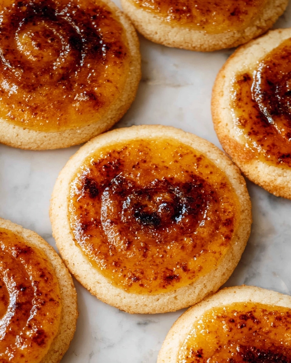 The image shows several round cookies on a white marbled surface, each with two layers: a pale beige bottom layer with a soft, slightly crumbly texture, and on top, a shiny, golden-brown spiral layer with a slightly caramelized glaze and darker brown spots from baking. One cookie in the center has a bite taken out, revealing the soft inside of the bottom layer. The cookies are close together, filling the frame, and appear freshly baked with a warm, inviting look. Photo taken with an iphone --ar 4:5 --v 7