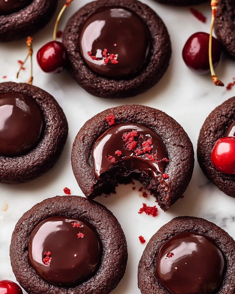 The image shows a close-up of dark brown chocolate cookies stacked three high in the center, with the top cookie having a bite taken out of it revealing smooth, shiny dark chocolate filling inside. Each cookie has a thick, soft-looking outer layer with a glossy chocolate center. Small red crumbs are sprinkled on the chocolate centers, adding texture. Around the stacked cookies are whole dark red cherries with stems, sitting on a white marbled surface. More cookies are spread out in the background with similar chocolate filling and red crumbs on top. The light highlights the rich, moist texture of the chocolate and the smoothness of the filling. photo taken with an iphone --ar 4:5 --v 7
