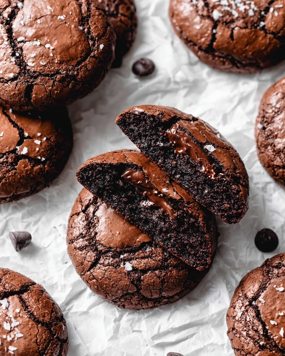 The image shows a close-up of several round chocolate cookies with cracked, shiny tops, revealing a soft and moist inside. One cookie in the center is split into two halves, showing dark, rich, melty chocolate layers inside. The cookies have a deep brown color with a slightly lighter, textured crust and some scattered salt flakes on top. The cookies are placed on crinkled white parchment paper over a white marbled surface. A few small chocolate chips are seen around the cookies. Photo taken with an iphone --ar 4:5 --v 7