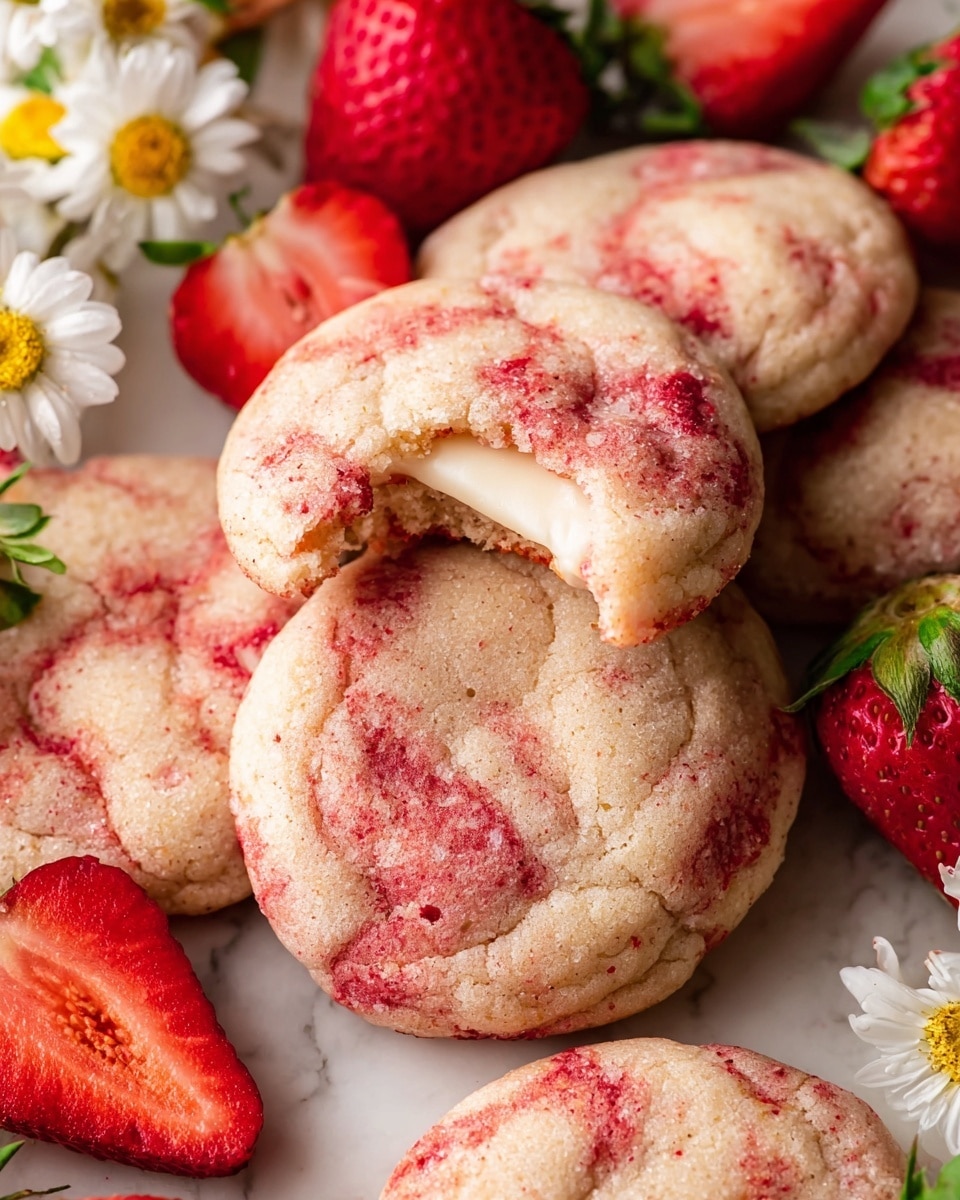 A close-up view of soft, round cookies with a light beige dough mixed with bright red strawberry bits, stacked three high in the center, with the top cookie showing a bite taken out of it revealing a slightly chewy inside and a pale texture. Surrounding the stack are more cookies laid flat, showing the same red bits inside them. Nearby, there is a halved fresh strawberry with a white and red interior, whole strawberries filling a white bowl in the background, and a small white chamomile flower near the base of the stack, all set on a white marbled surface. photo taken with an iphone --ar 4:5 --v 7