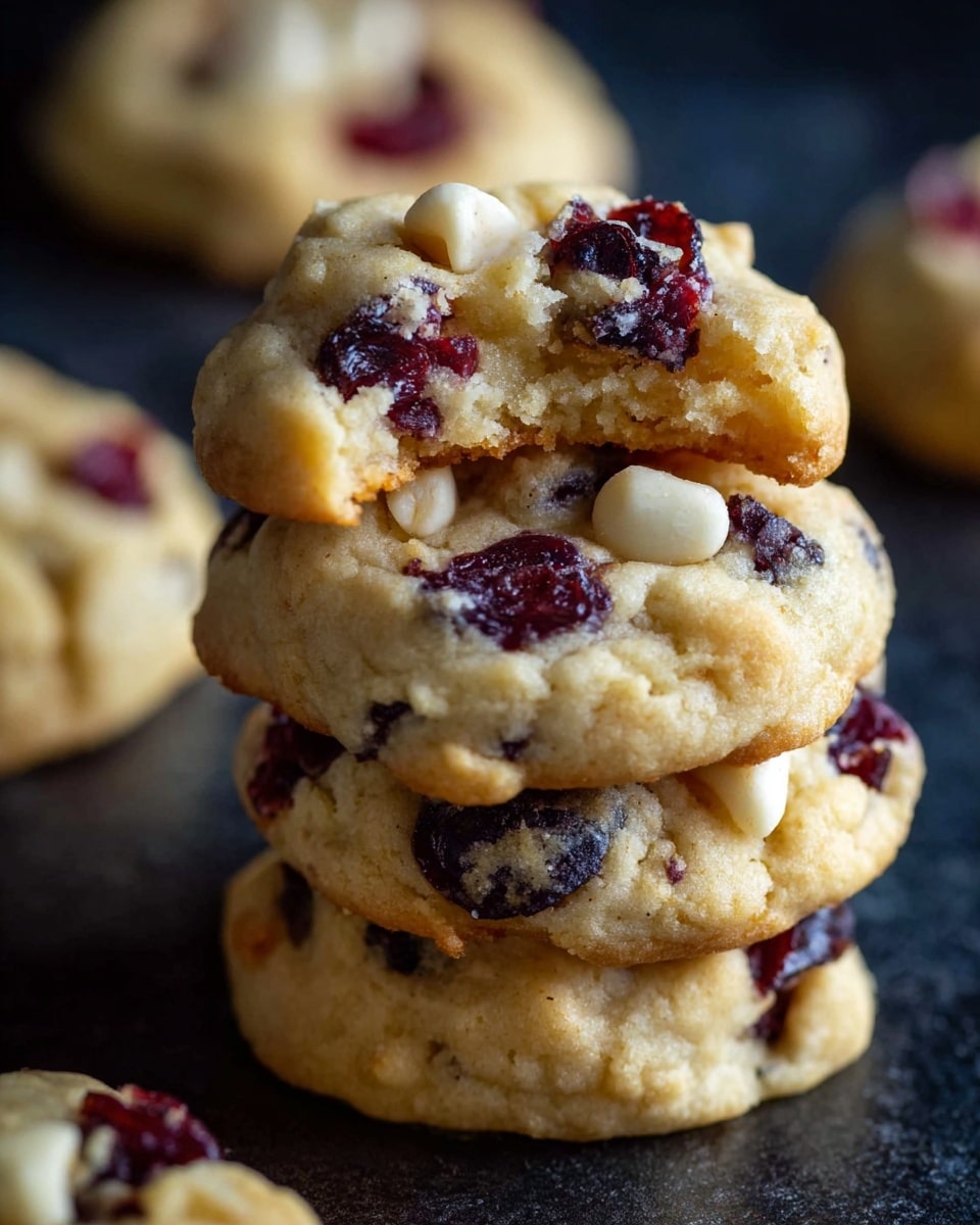 A stack of four light golden cookies filled with dark red dried cranberries and bits of white nuts, each cookie having a soft and slightly crumbly texture. The top cookie has a bite taken from it, showing a moist interior with visible berries. The cookies sit on a dark surface with more cookies blurred in the background. Photo taken with an iphone --ar 4:5 --v 7